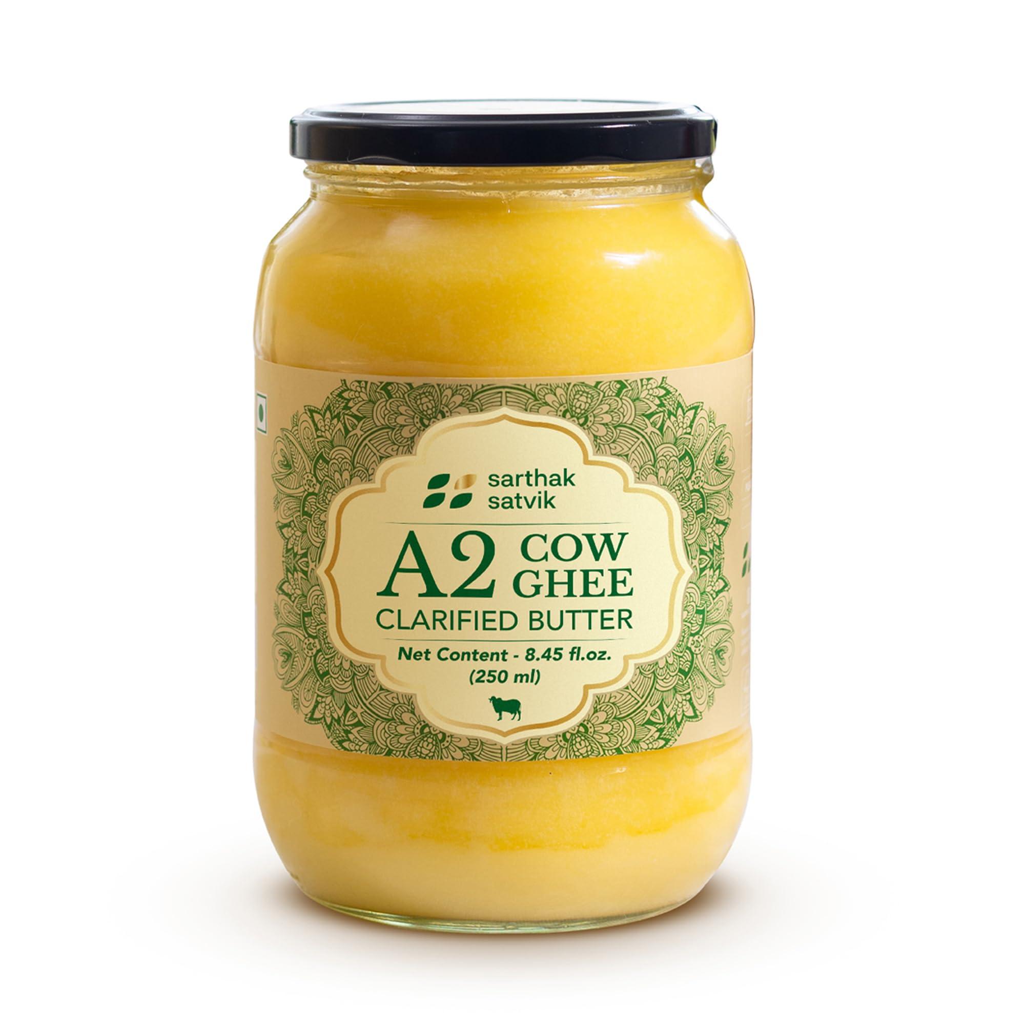 Sarthak Satvik Sarthak Satvik A2 Cow Ghee Desi Organic Butter Pure Nutrient Rich Ghee Made With Traditional Binola Method,Unsalted And Original Ghee,Natural Flavour,Lactose-Free And Keto-Friendly,250 Ml (Pack Of 1)