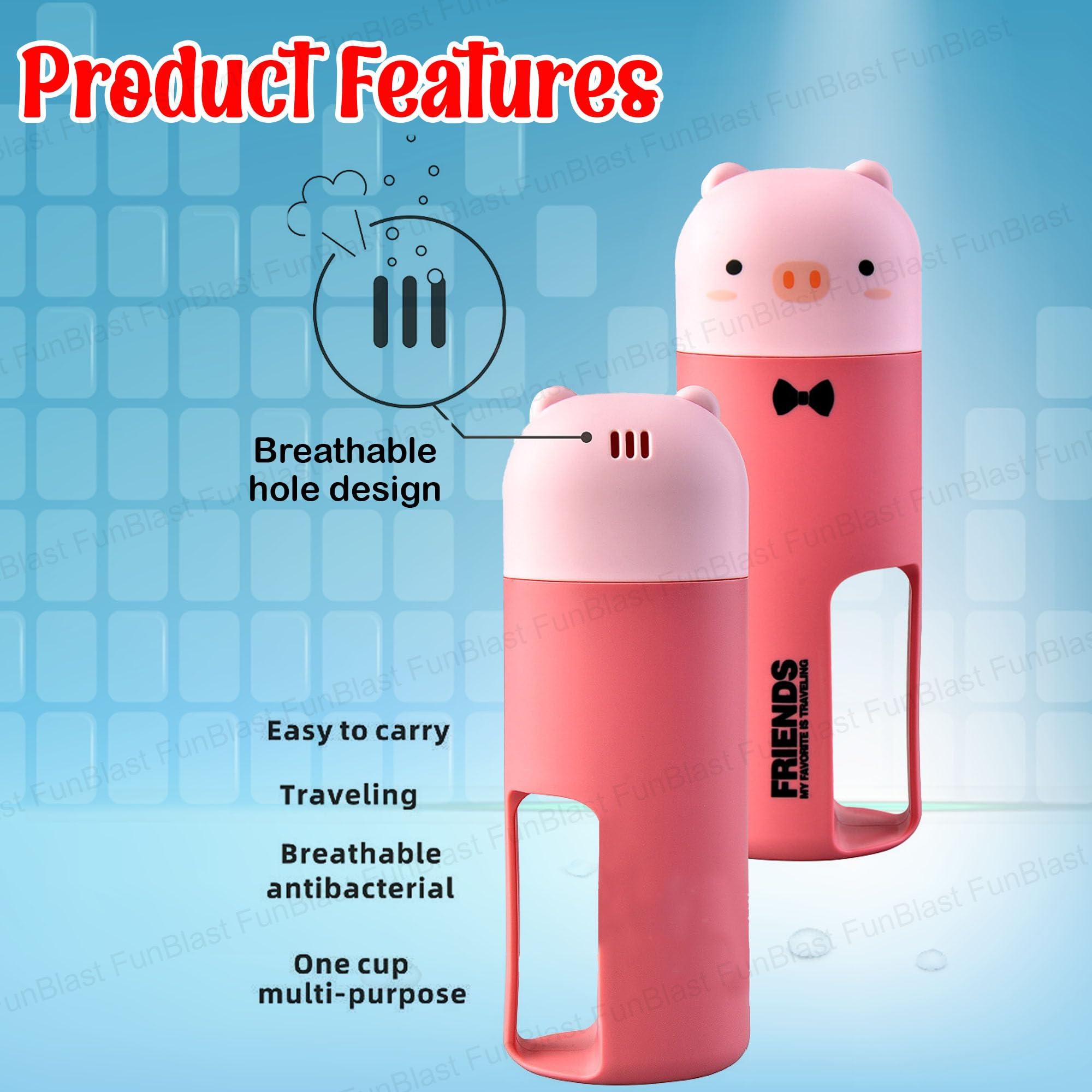 FunBlast FunBlast Kids Toothbrush Travel Toothbrush Cup Set, Wheat Fiber Toothbrush with Portable Box for 3-6 Years old Children, Animal Cartoon Design Manual Toothbrush for Kids (Pig-Pink)