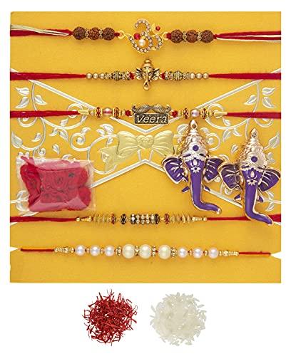 Feastive Celebrations Feastive Celebrations Bikanervala Chocolate Pralines Tray (16 Pcs) with a set of 5 Blessed Rakhis , a pair of Ganesha Soan, Pooja Rakhi, Kesar(branded) and Chawal. Complimentary Surprise gift for your