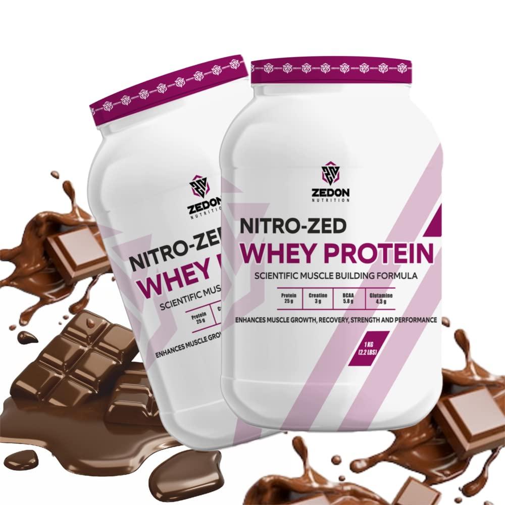 Zedon Nutrition Zedon Nutrition Nitro-Zed Whey Protein Powder, Whey Isolate & Concentrate 25g Protein, 5.8g BCAA | Muscle Gain, Strength, Recovery for Men & Women | Veg (Chocolate, 1 KG)