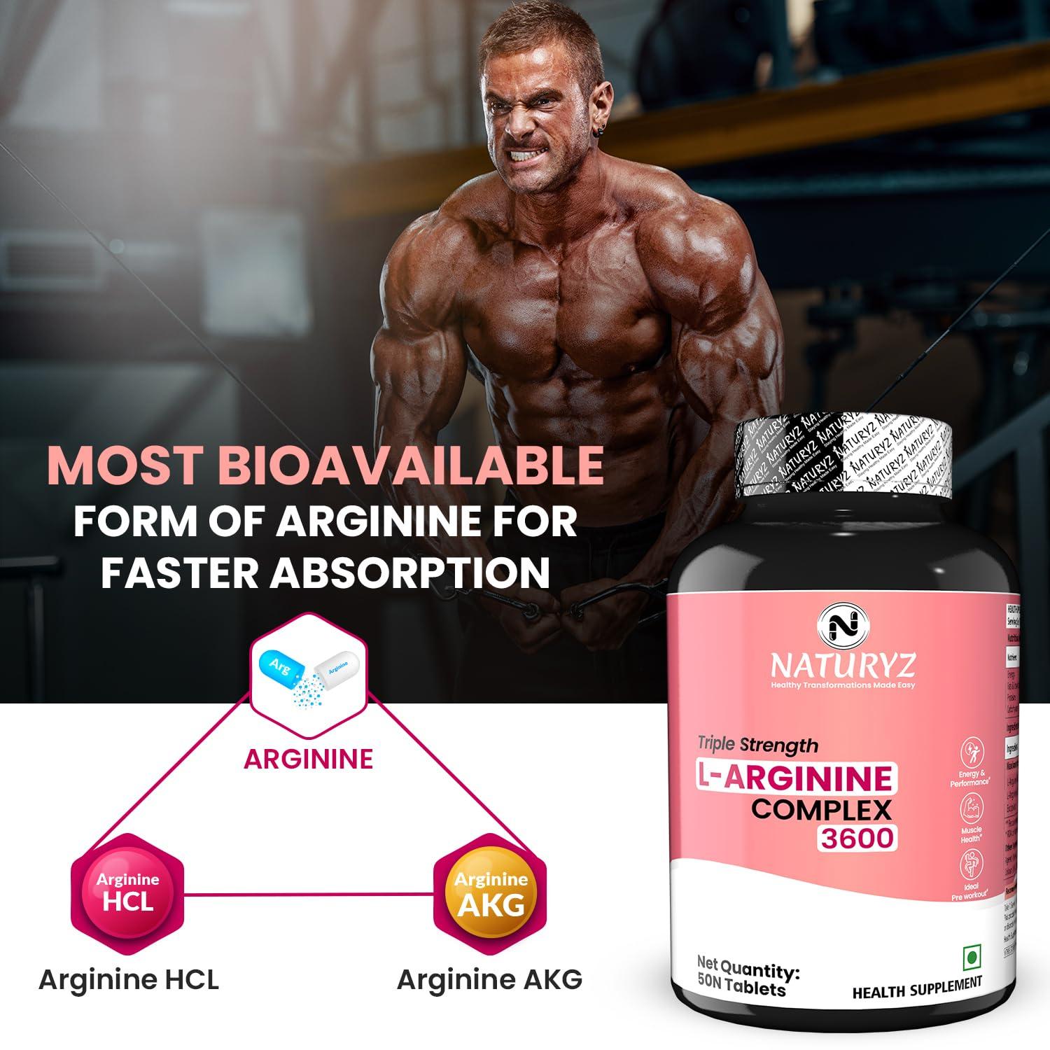 Naturyz NATURYZ Triple Strength 3600mg L-Arginine Complex | Bioactive form Arginine AKG & HCL for better absorption | Improves Pump & Performance | Ideal Pre-workout Supplement - 50 Tablets
