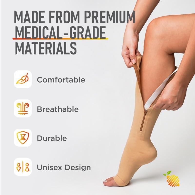 Lemon Hero Lemon Hero Medical Compression Socks - Open Toe 15-20 mmHg Zipper Compression Stockings for Men and Women Lightweight compression socks for Pregnant Women & Nurses Large, Beige [1 Pair]