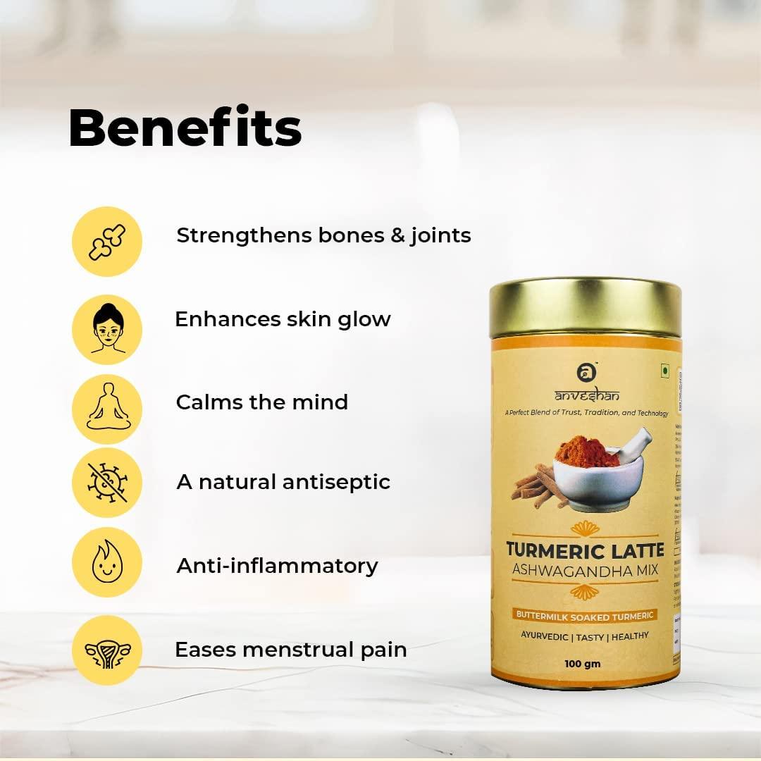 Anveshan Empowering farmers with technology Anveshan Turmeric Latte 100g | Healthy Ayurvedic Remedy with Ashwagandha Mix for Golden Milk | Haldi Mix.