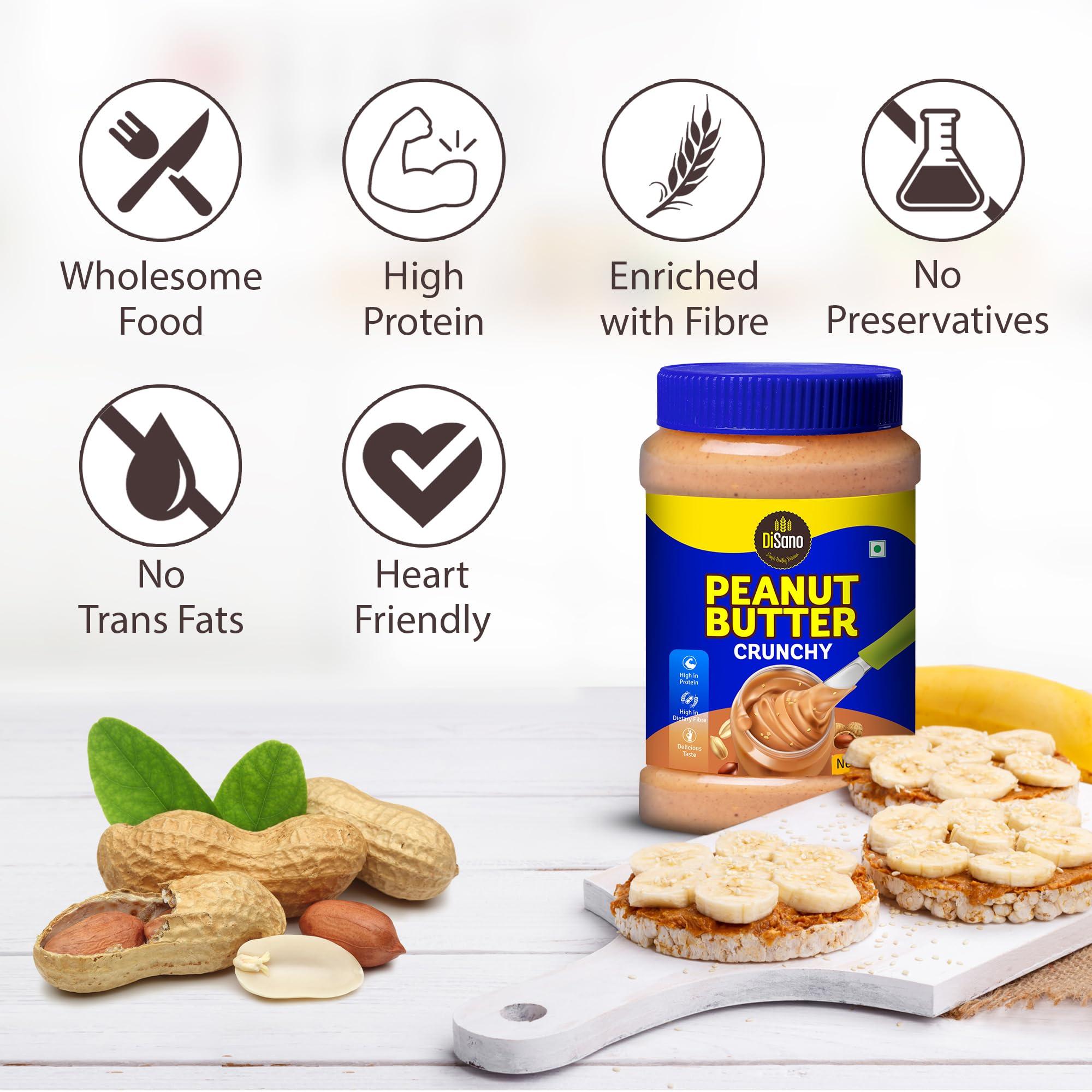 DISANO Disano Peanut Butter Crunchy 924g & DiSano Peanut Butter, All Natural, Creamy, Unsweetened, 30% Protein, Gluten Free, Non GMO, 1Kg
