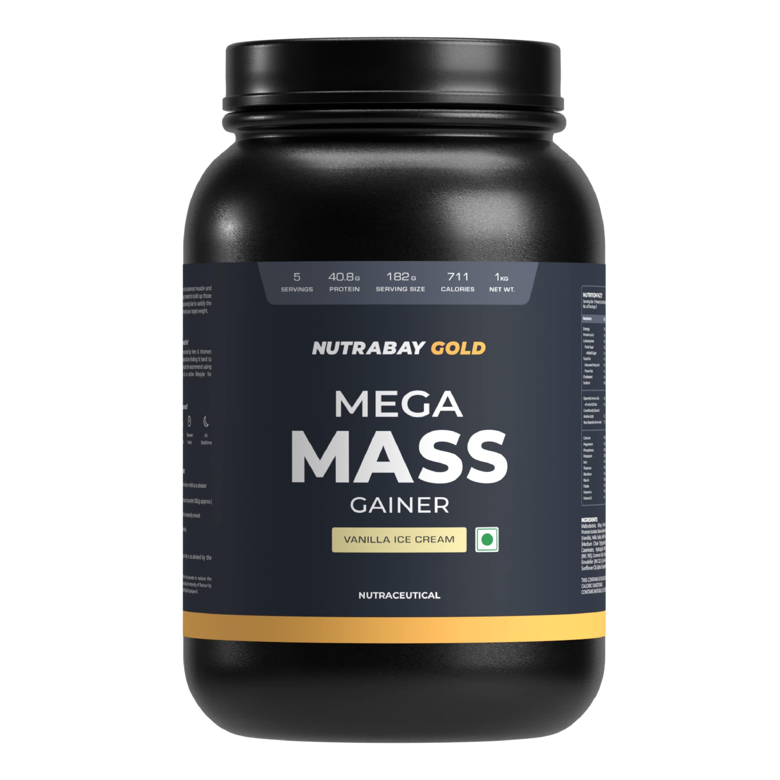 Nutrabay Nutrabay Gold Mega Mass Gainer Powder - 1kg, Vanilla Ice Cream | 100% Veg | 40.8g Protein, 123g Carbs, 711 Calories | Muscle Building & Weight Gainer Supplement for Men & Women