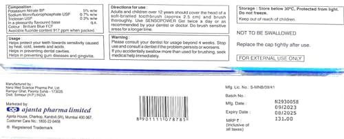 Generic Sensopower Toothpaste Potassium Nitrate Sodium Monofluorophosphate & Triclosan 100 gram gel. Relief from the Pain of Sensitive Teeth