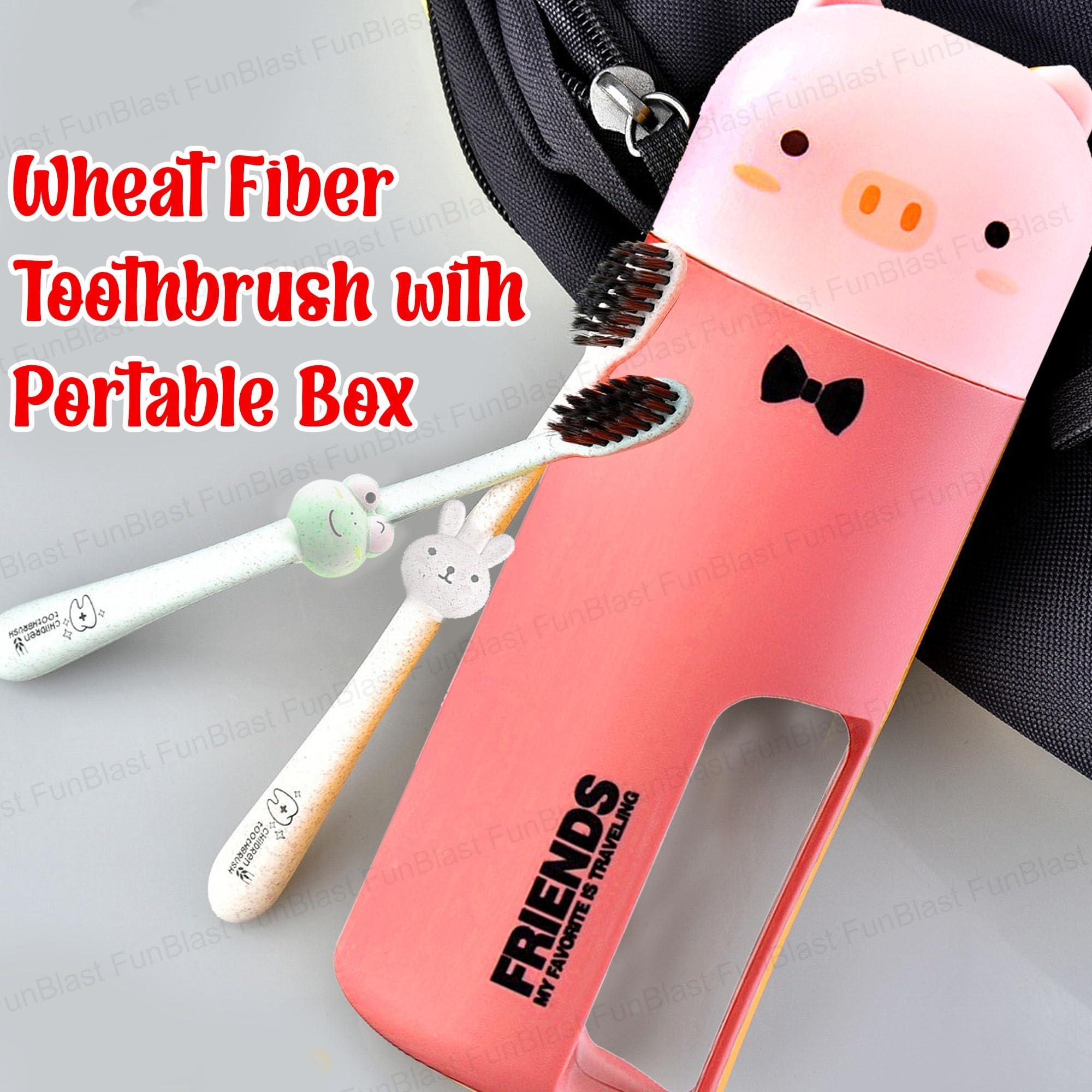 FunBlast FunBlast Kids Toothbrush Travel Toothbrush Cup Set, Wheat Fiber Toothbrush with Portable Box for 3-6 Years old Children, Animal Cartoon Design Manual Toothbrush for Kids (Pig-Pink)