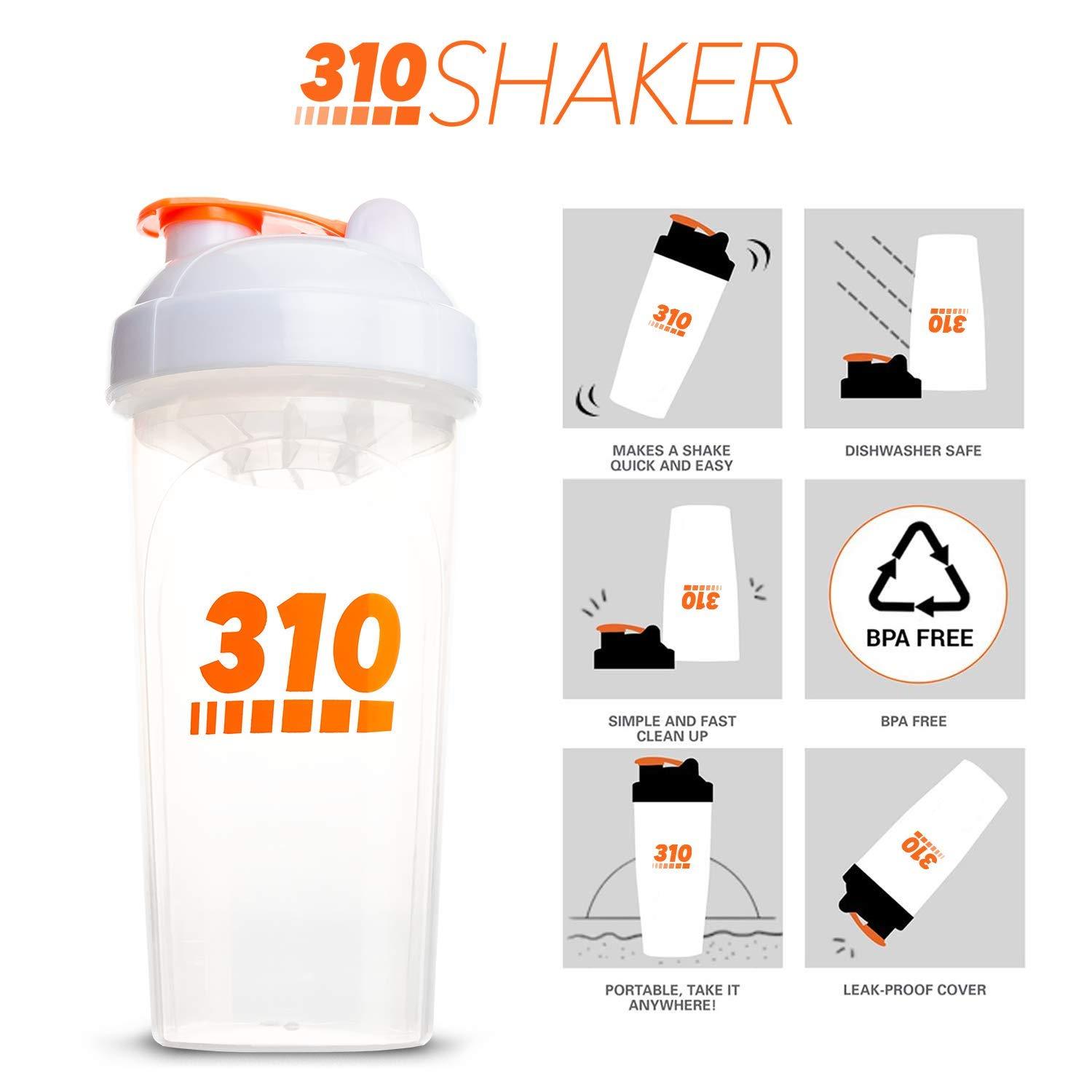 310 Nutrition 310 Nutrition Protein Shaker Bottle Meal Replacement Blender Cup For Mixing Protein Powders, Lemonade Mix, And Pre Workout (Clear w/White Lid)