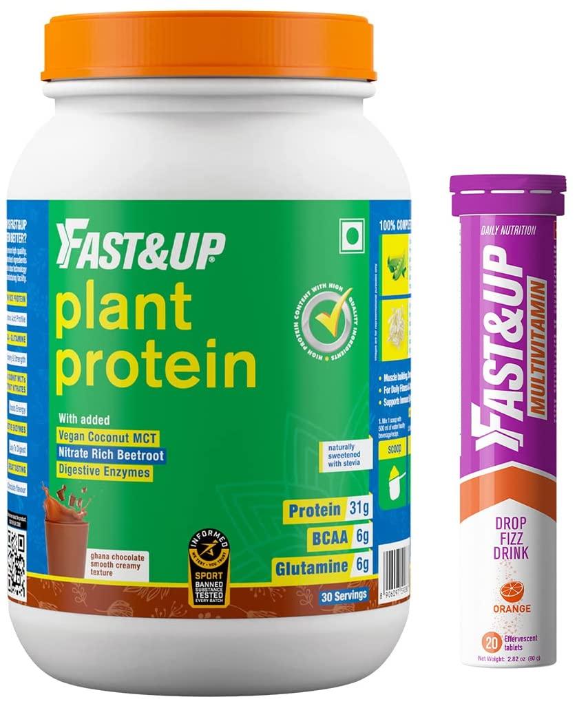 FAST&UP Fast&Up Vegan Plant Protein- Chocolate Flavor & Vitalize Mutivitamin Supplements- 20 Effervescent Tablets - Orange Flavor