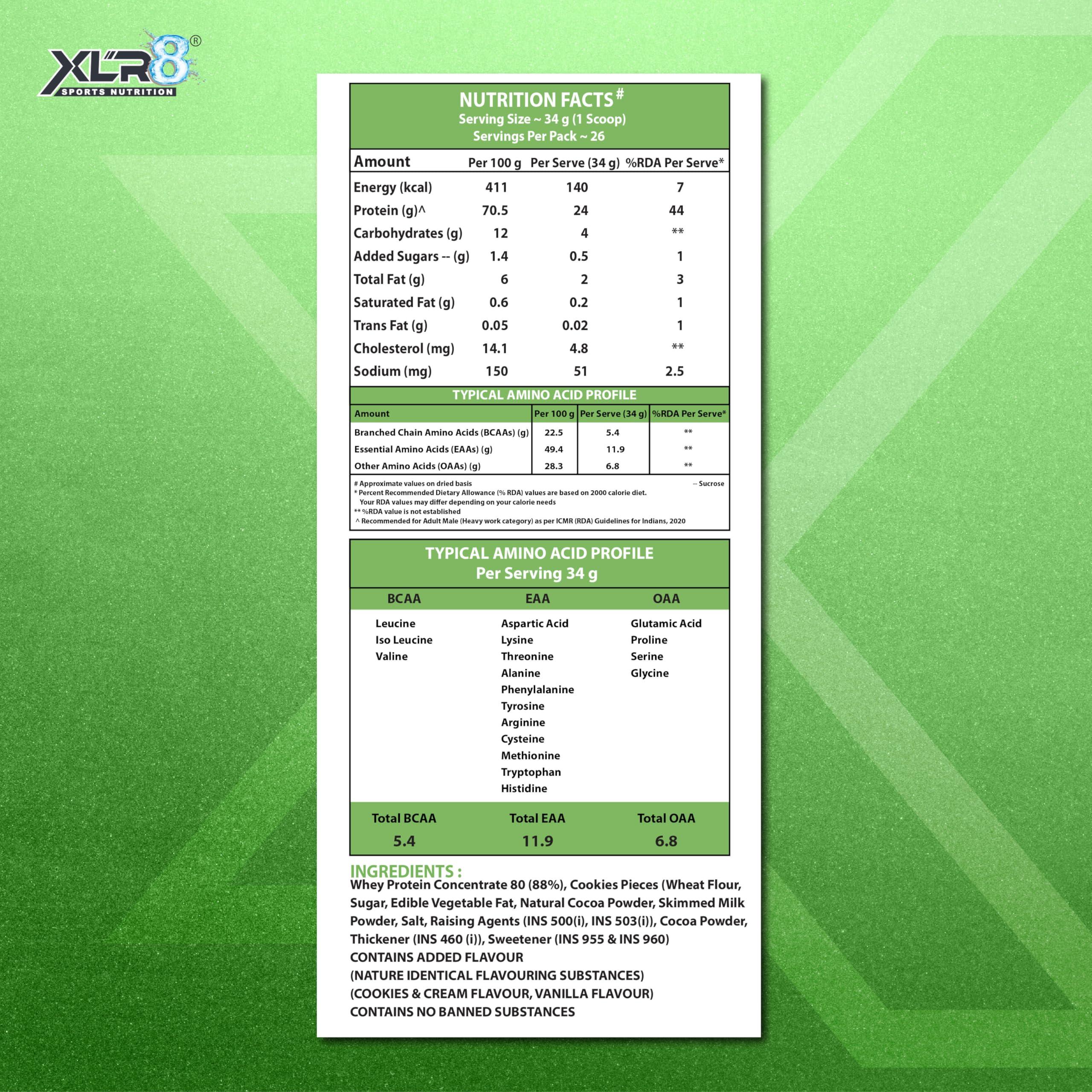 XLR8 XLR8 Whey Protein Powder with 24 g Protein Content & 5.4 g BCAA (907 g (Pack of 1), Cookies & Cream)