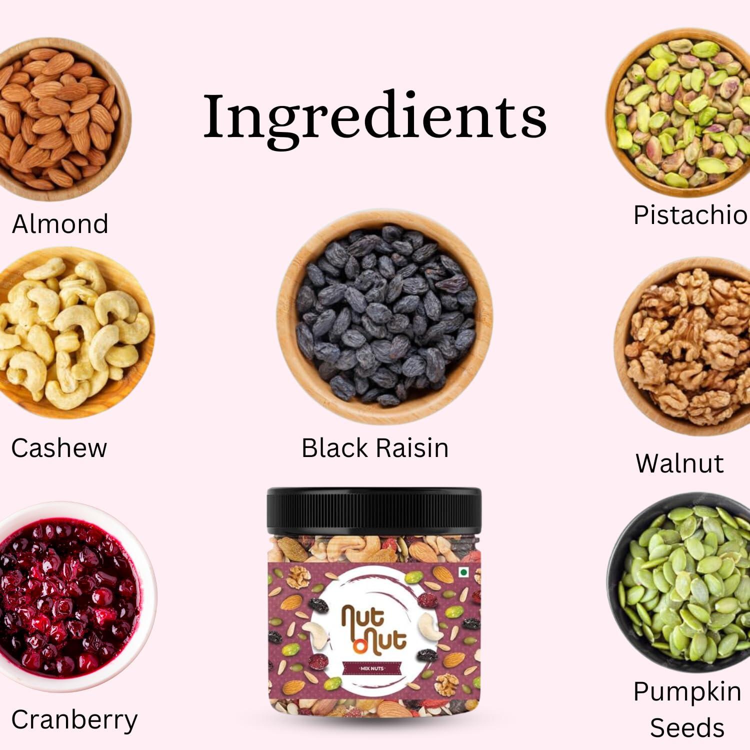 Nut O Nut Nut O Nut Healthy Mix Dry Fruits (Almond, Cashew, Walnut , Green And Black Raisin, Cranberry, Sunflower Seeds , Pumpkin Seeds) Nuts and Dry Fruits (Jar pack) 700g Power of 9 Dry Fruits Protein Rich Snack