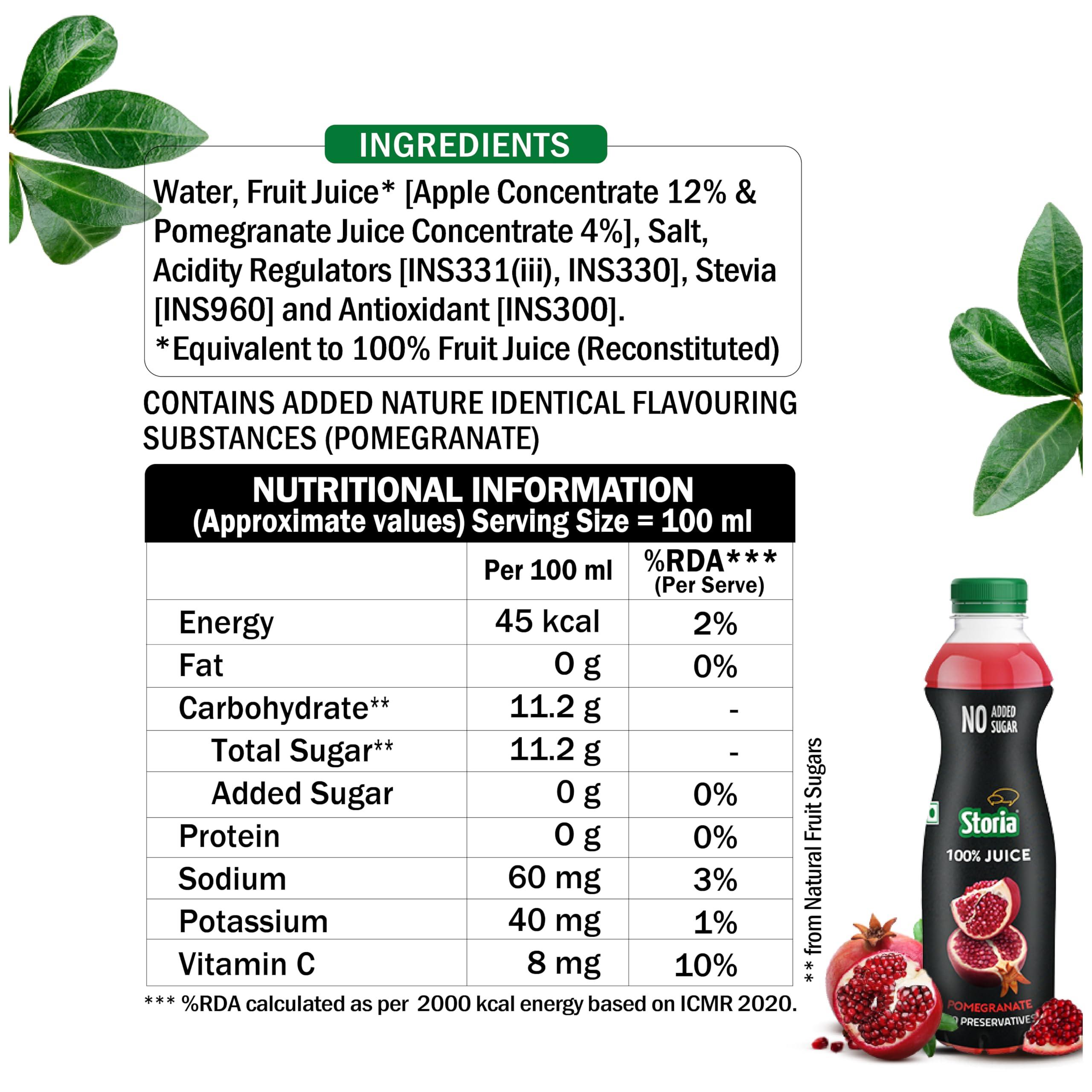 Storia Storia 100% Fruit Juice- Pomegranate- No Added Sugar & No Preservatives- 750 ml PET Bottle Pack of 2