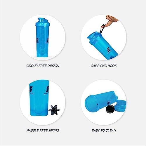 Amazon Brand - Symactive Amazon Brand - Symactive Leakproof Unbreakable Gym Protein Shaker Bottle with Rounded Bottom, Blender Ball & Hook, BPA-Free (Color: Blue, 700 ml),Plastic
