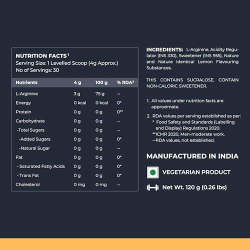 Nutrabay Nutrabay Gold L-Arginine Supplement Powder - 120g, Lemon Flavor | Pre Workout Amino Acid for Endurance, Muscle Building & Faster Recovery