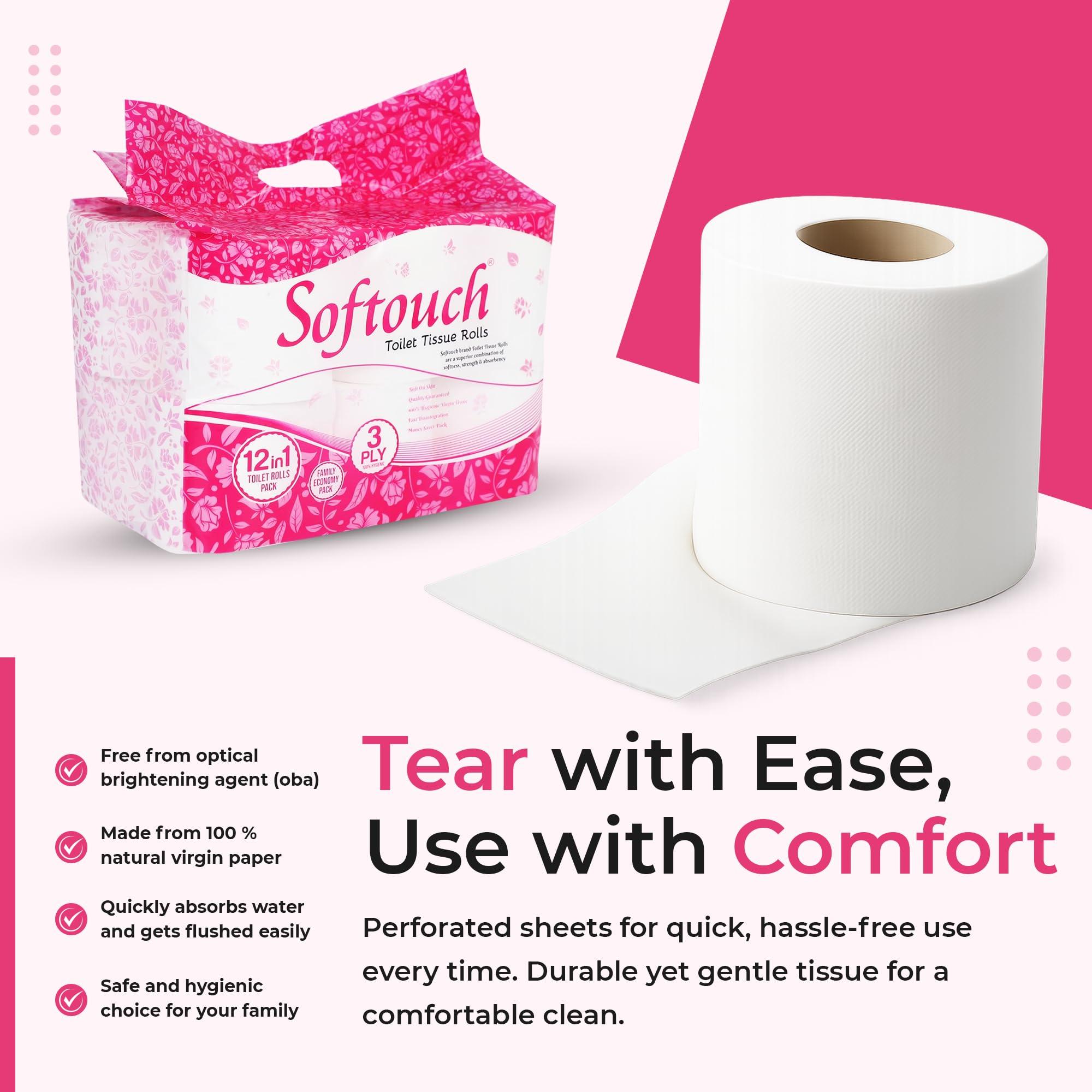 Softouch Softouch 3 Ply Premium Toilet Tissue Paper Roll 12 Rolls