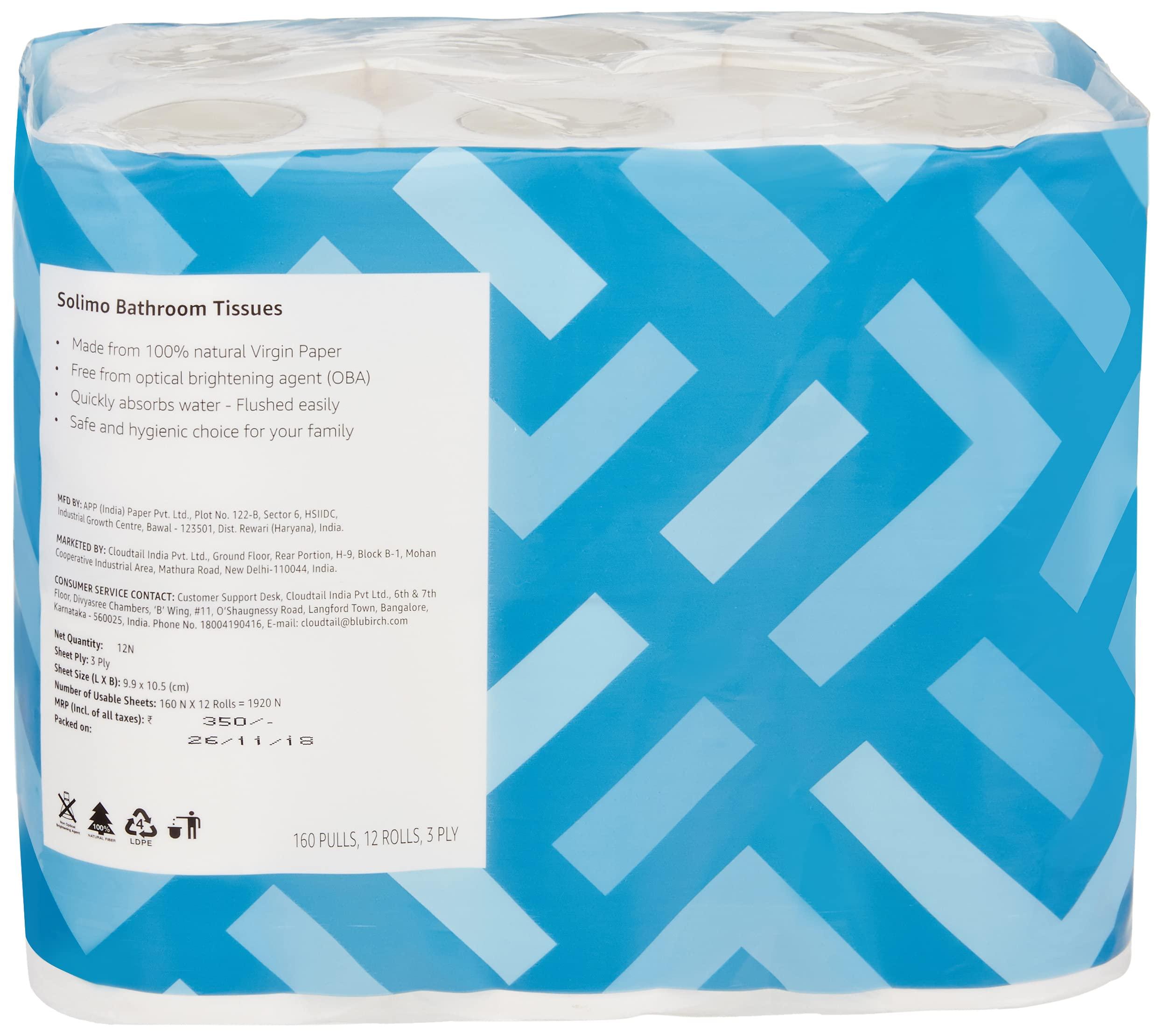 Amazon Brand - Solimo Amazon Brand - Solimo 3 Ply Toilet Paper Roll 3840 pulls | 160 pulls X 24 Rolls | soft and highly absorbent | 100% Natural Virgin Cellulose Fiber