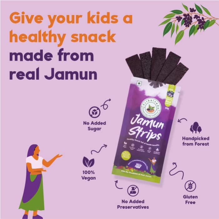 TRIBALVEDA Tribalveda Whole Dried Jamun Strips - Pack of 24(20gm each), Fresh Fruit, Black Plum, Jamun Bar, Healthy Mixes Chips, Dried Fruit, Rich In Dietary Fibers, Hygienically Packed (Jambu Strips)