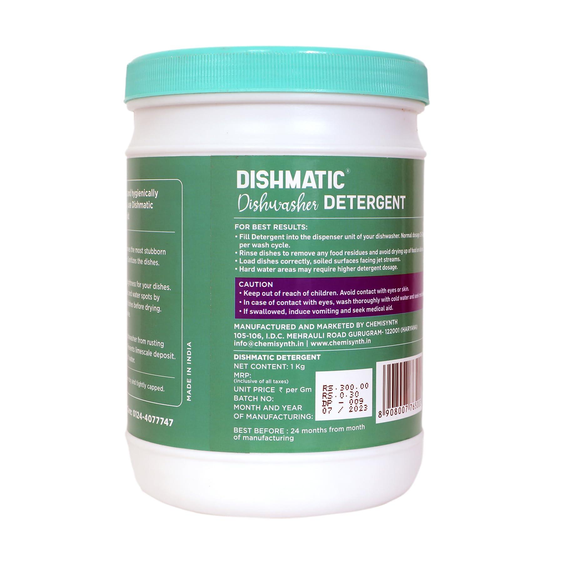Dishmatic Dishmatic Dishwasher Detergent Powder and Rinse Aid Liquid (1kg + 250 ml) Combo Pack for Sparkling Clean Dishes | Compatible with All Dishwashing Machines