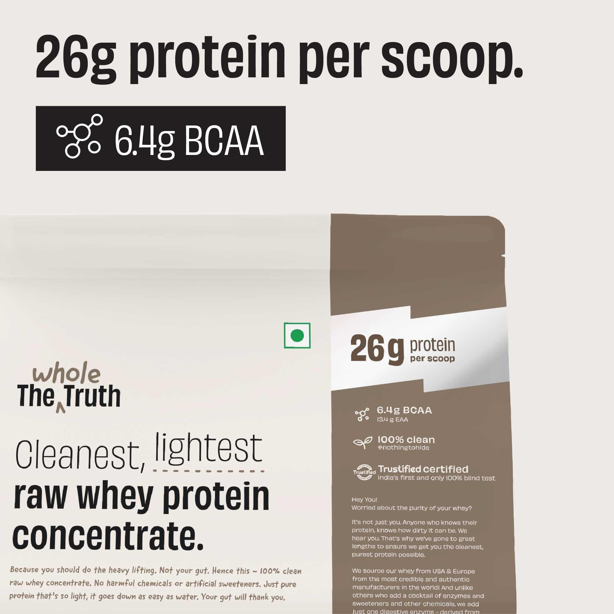 The Whole Truth The Whole Truth Whey Protein Concentrate Unflavoured |1 kg (2.2 lbs) | 26g Protein per scoop | 6.4g BCAA | 100% Authentic Whey & No Adulteration | Clean and Light | Muscle Building | Vegetarian