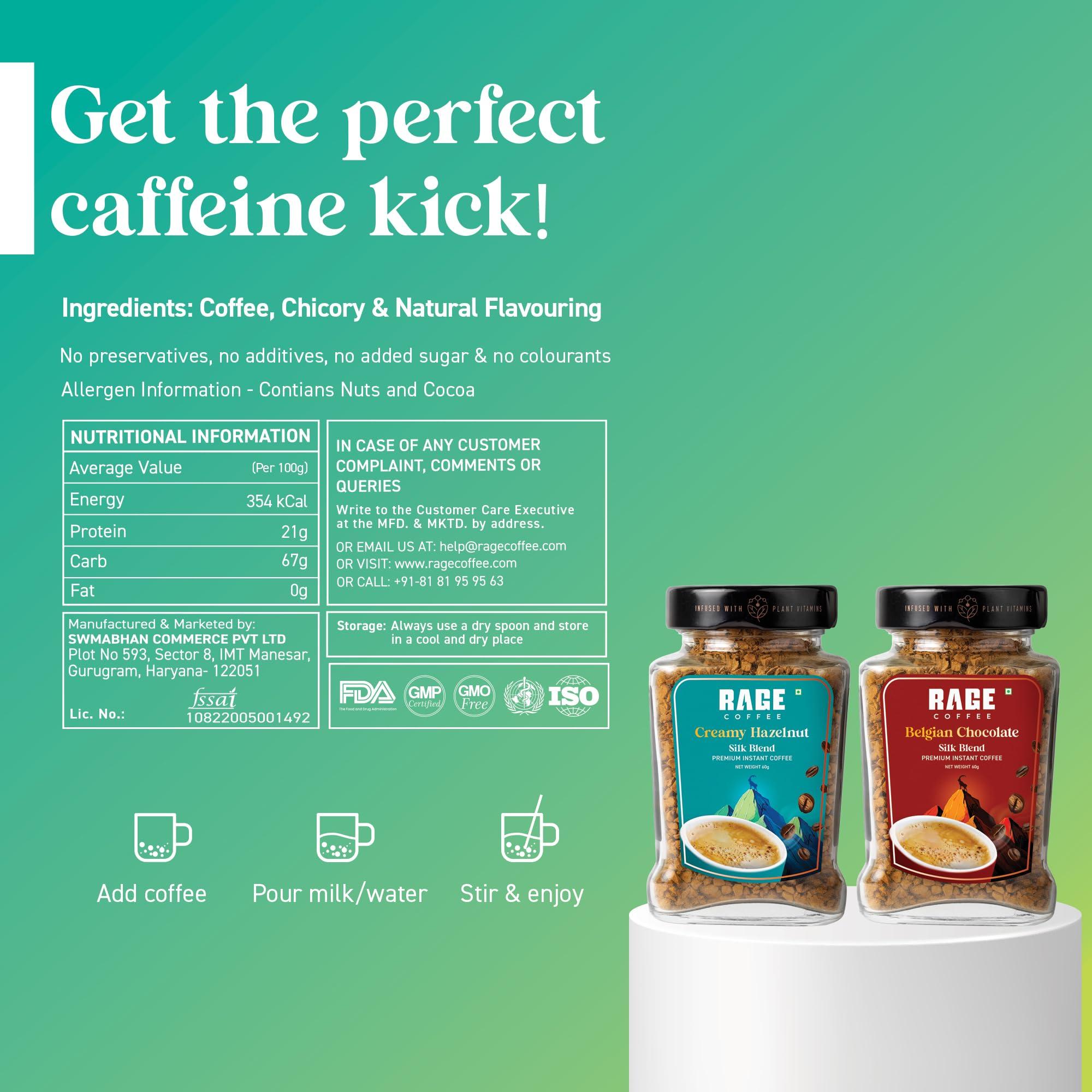 RAGE COFFEE RAGE COFFEE Silk Blend Instant Coffee|Belgian Chocolate & Creamy Hazelnut Silk Blend Flavoured Coffee 60 Gms Each|100% Pure Instant Coffee|Premium, Bold & Smooth|Pack Of 2 - Powder, Bottle