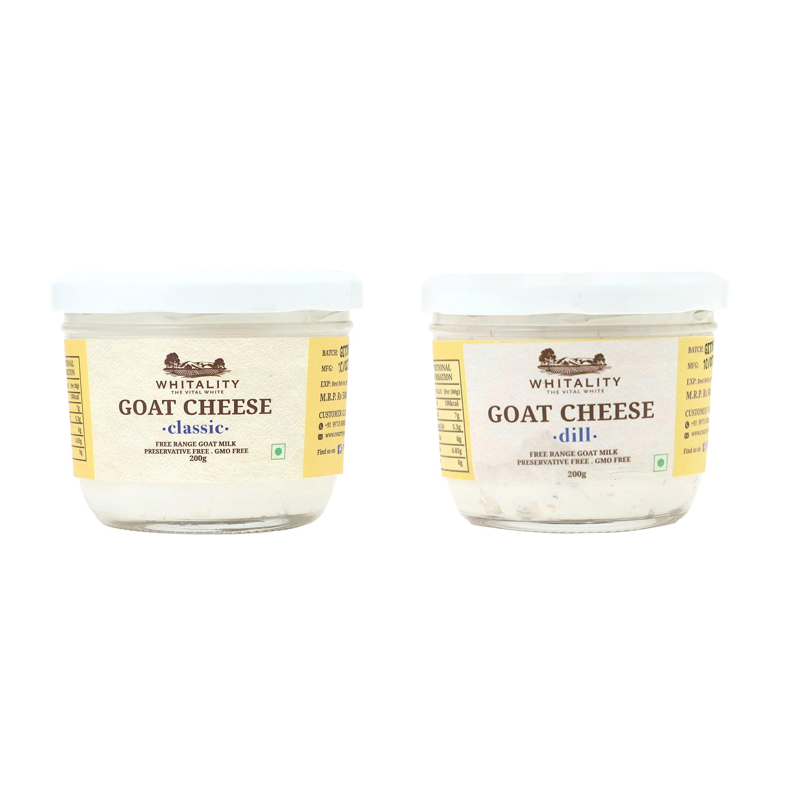 WHITALITY Whitality Goat Cheese | Chevre | Classic | Dill | Preservatives Free | GMO Free | Aravalli grazed free range Goat Milk | Glass jar packaging | 200g each