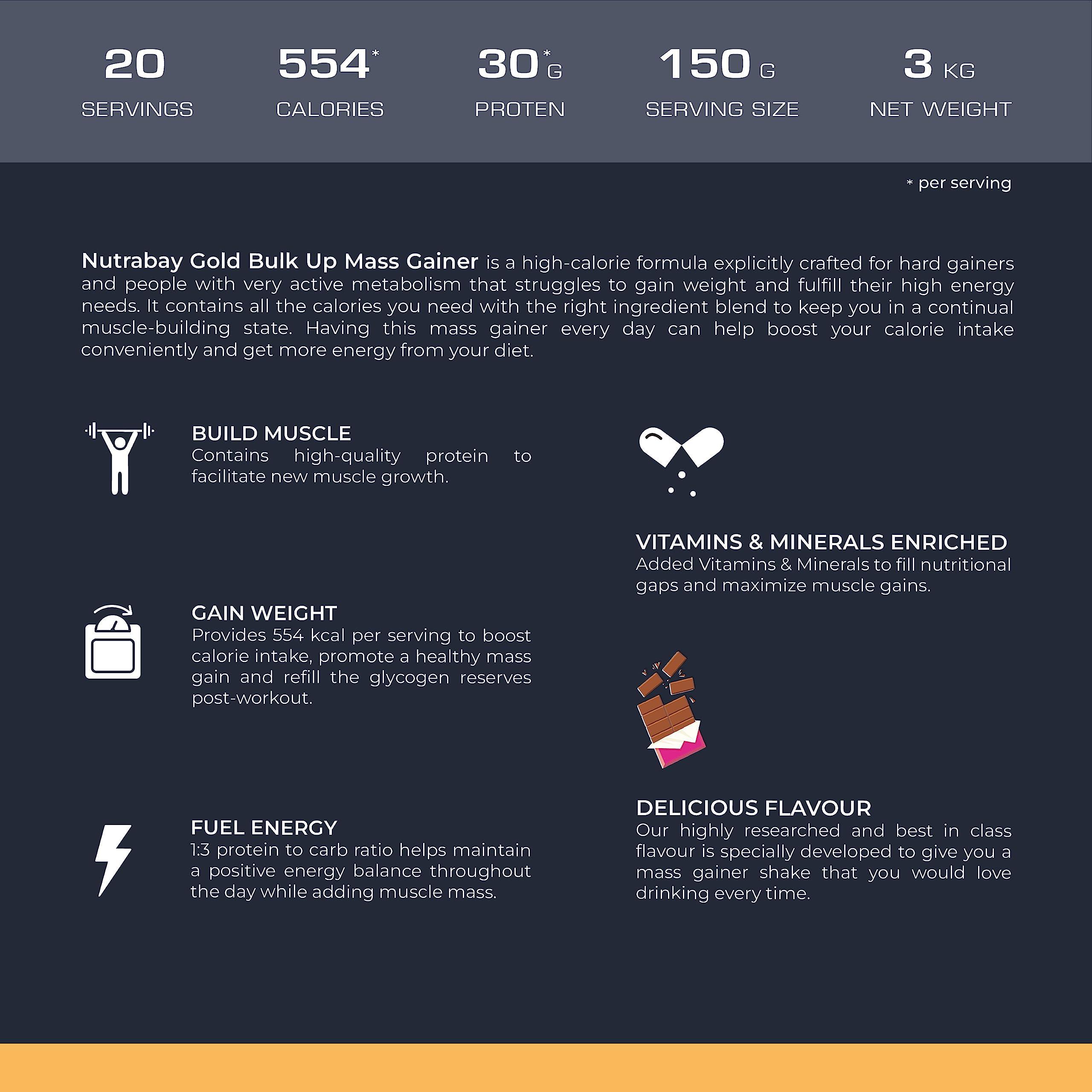 Nutrabay Nutrabay Gold Bulk Up Mass Gainer Powder - 3kg, Chocolate | 30g Protein, 104g Carbs, 554 Calories | Easy to Digest | 100% Veg Muscle Building & Weight Gainer Supplement for Men & Women