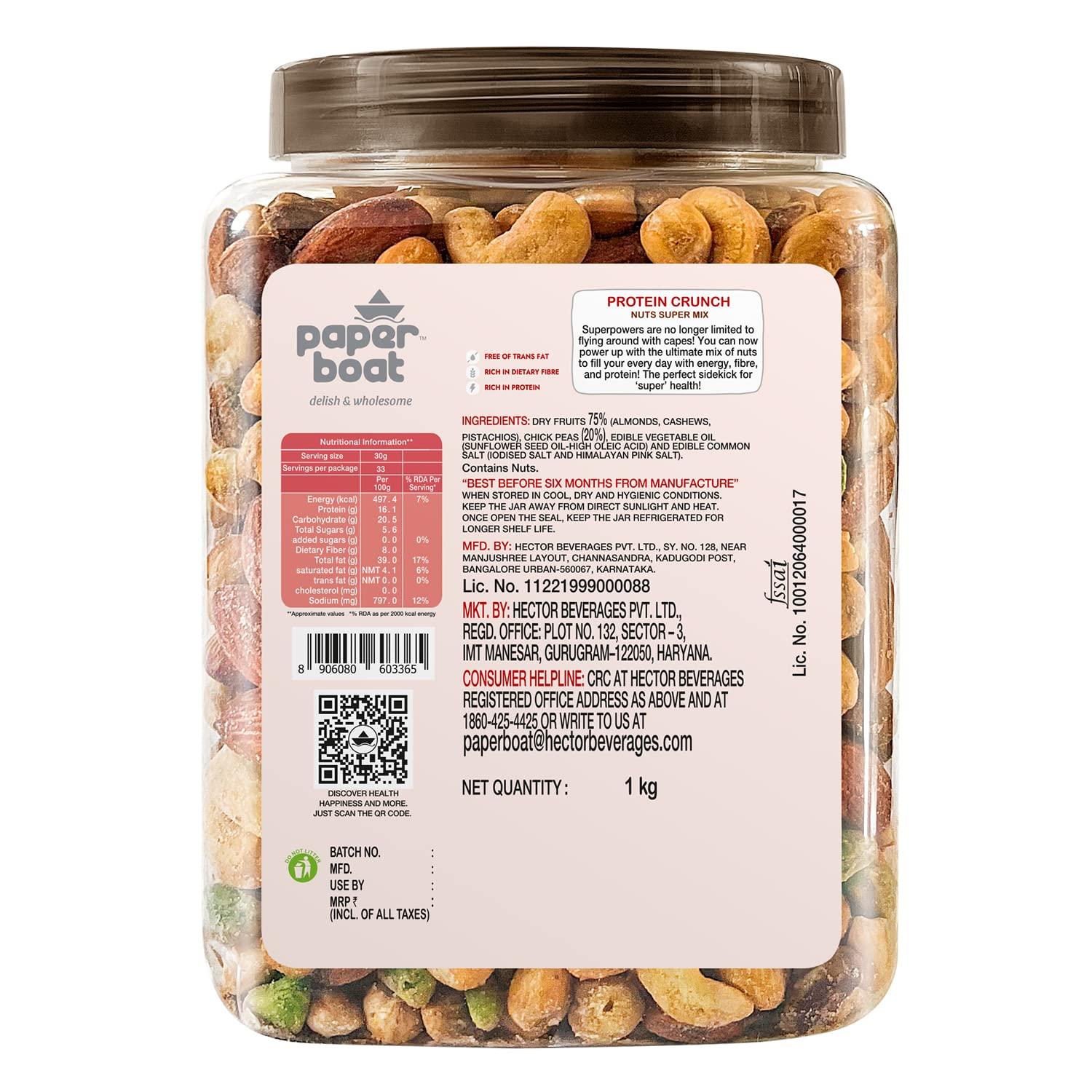 Paper Boat Paper Boat Protein Crunch, Premium Dry Fruit Mix, Healthy Trail Mix with Dry Fruits (1Kg) & Paper Boat Premium Smoked and Roasted Almonds Himalayan Pink Salt,Salted Badam, Reusable Jar 1Kg