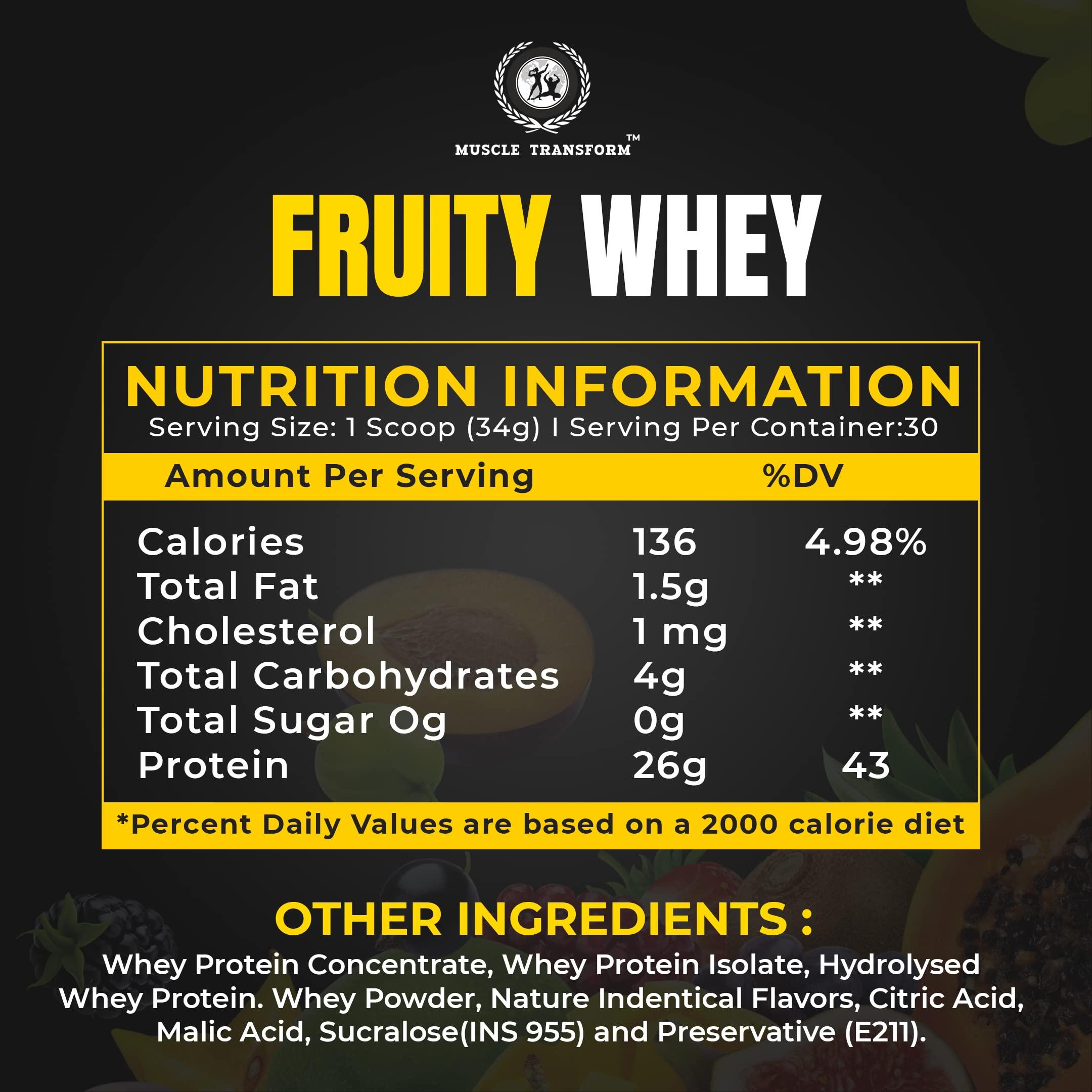 MUSCLE TRANSFORM Muscle Transform Fruity Whey Protein Isolate, 26g Protein, 5.5 BCAAs, 6g Glutamine, 15g EAA | Muscle-Building Whey Protein Supplement Powder, Refreshing Whey for Men Women [Litchi,1kg] Free Gym Shaker Sipper Bottle