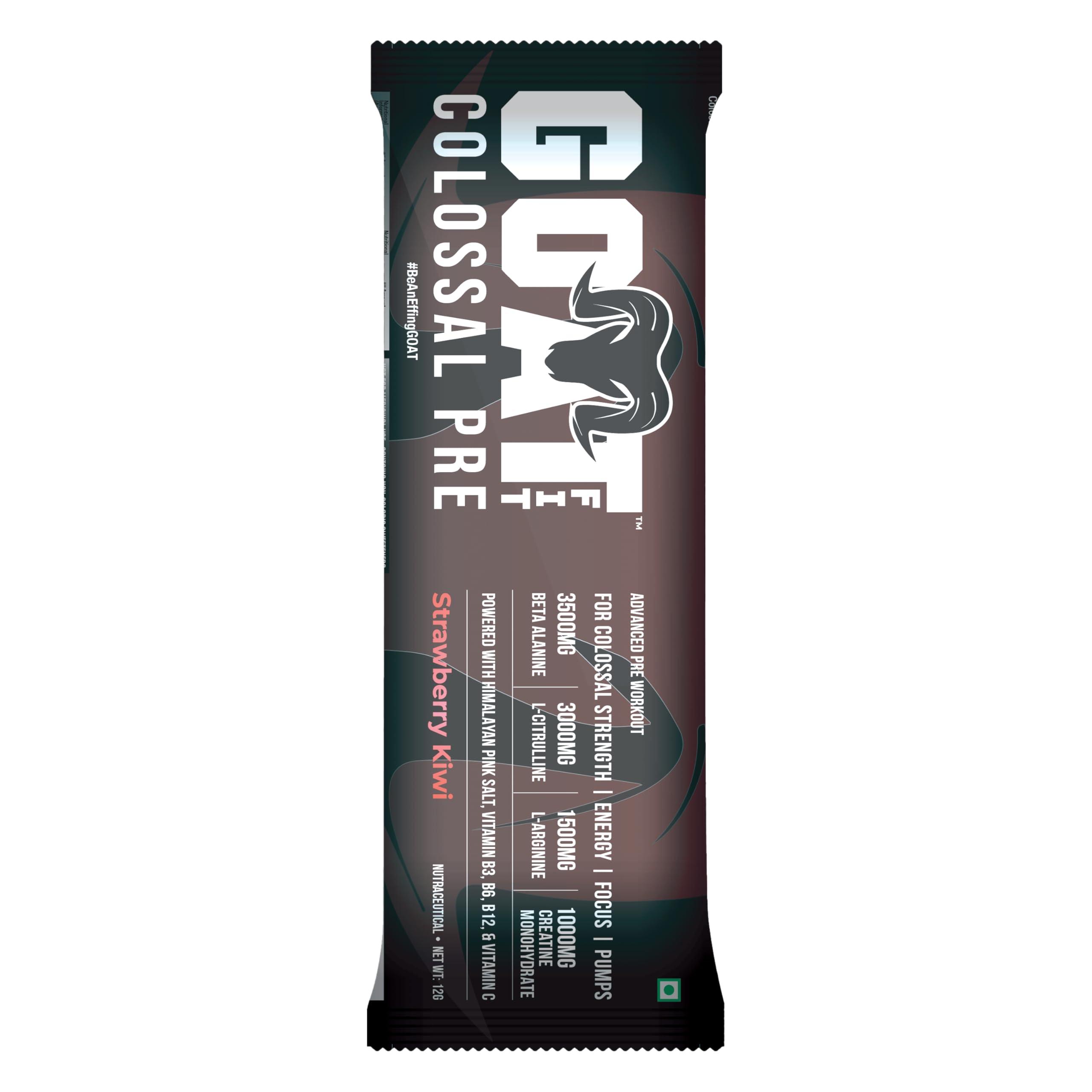 G.O.A.T Fit G.O.A.T Fit Colossal Pre | PreWorkout Powder (Strawberry Kiwi, 12gm - Single Serving) 200mg Caffeine 3.5g Beta-Alanine 3g Citrulline 1.5g Arginine 1g Creatine with Himalayan Pink Salt