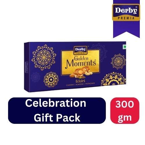Derby Derby Golden Moments Eclairs Celebration Toffee Pack | Gift Box for Celebrations | Flavours - Almond, cashew, pista | 300gm ( 100gm each) | Festivals | Birthday Party | Return Gift | (10)