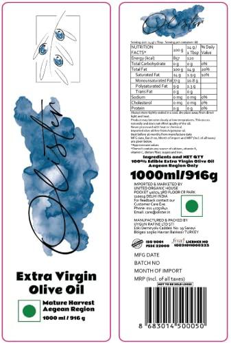 Olister Olister Extra Virgin 100% Natural Mature Harvest Olive oil, First Cold Pressed, Perfect for Indian Cooking and Indian Dishes (1L)