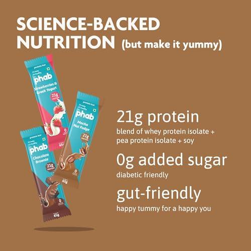 Phab Phab Assorted (Chocolate Brownie, Mocha Nut Fudge, Strawberries & Greek Yogurt) 21G Protein Bars (Pack Of 6), Fitness & Immunity With Goodness Of Dates-390 Gram