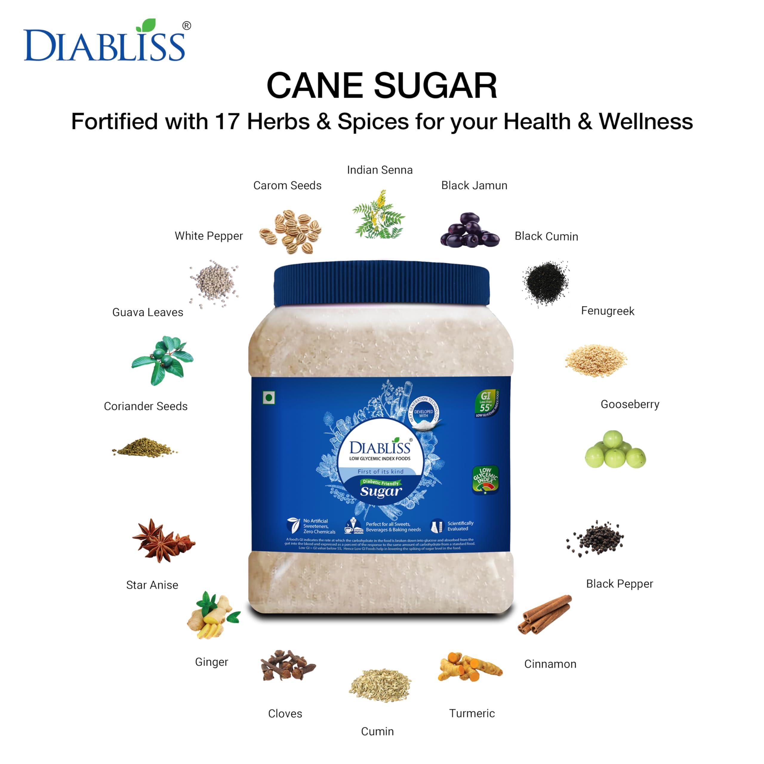 Diabliss Diabliss Diabetic Friendly Herbal Cane Sugar - Free from Chemicals / Artificial Sweeteners - Low Glycemic Index (GI) Diet - Clinically Tested Healthy Natural Substitute For Diabetes / Blood Glucose Management - 1.75Kg Reusable Jar