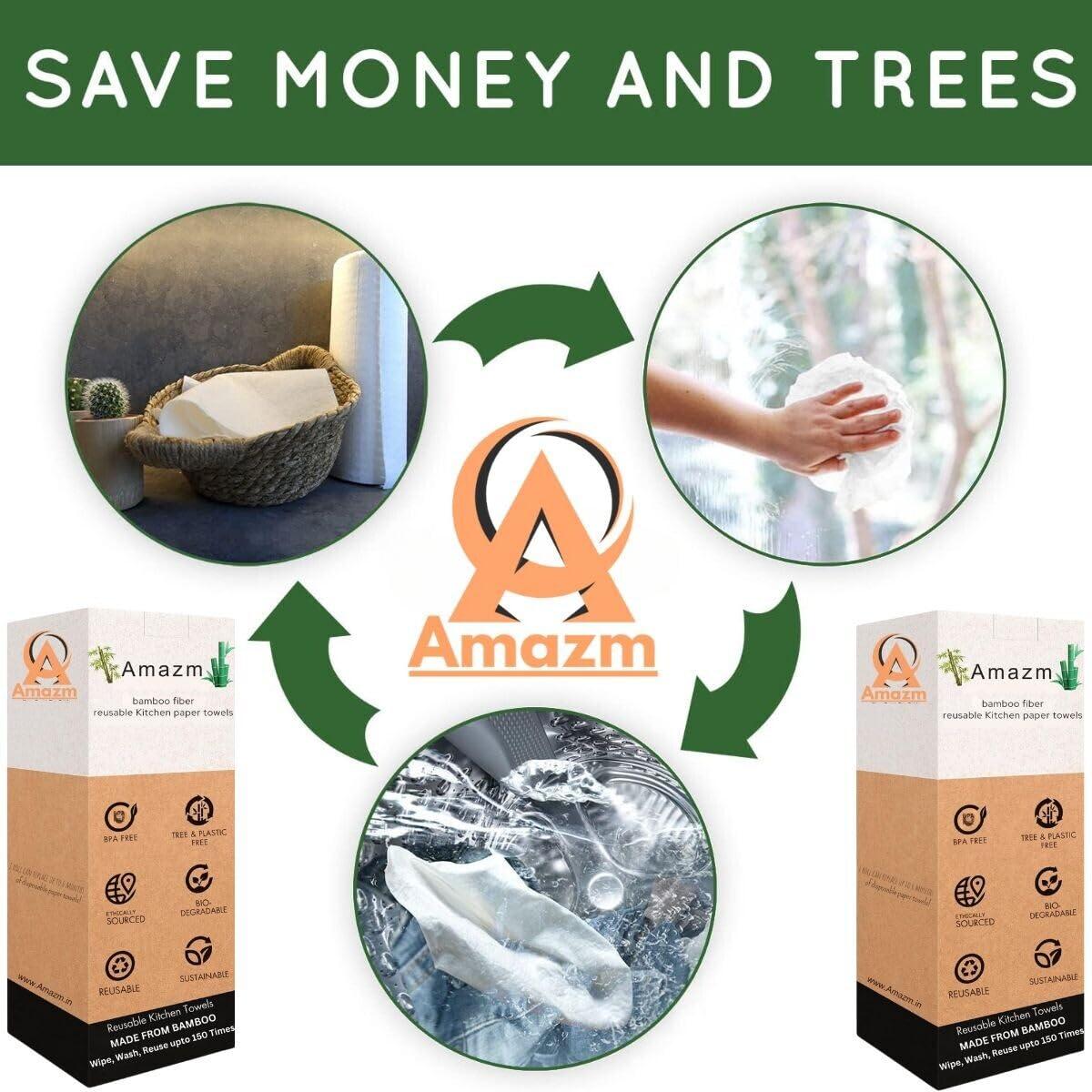 Amazm Amazm (60 SHEETS) Bamboo Reusable Paper Towels - Heavy Duty & Super Absorbent Kitchen Towel | Durable, Ecofriendly Bamboo Kitchen Towel Roll | Machine Washable Paper Towel | 10\"x11\" Sheets