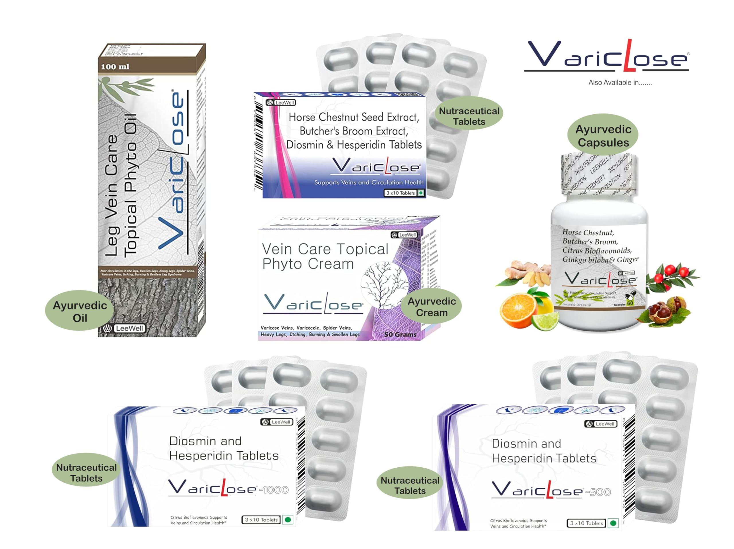 VARICLOSE Variclose Support Varicose Veins, Spider veins | Diosmin, Hesperidin, Horse Chestnut extract (Aescin), Butchers broom extract (Ruscogenins) | Plant based Foot, Legs Vascular Micro Circulation Support Supplement -60 Tablets