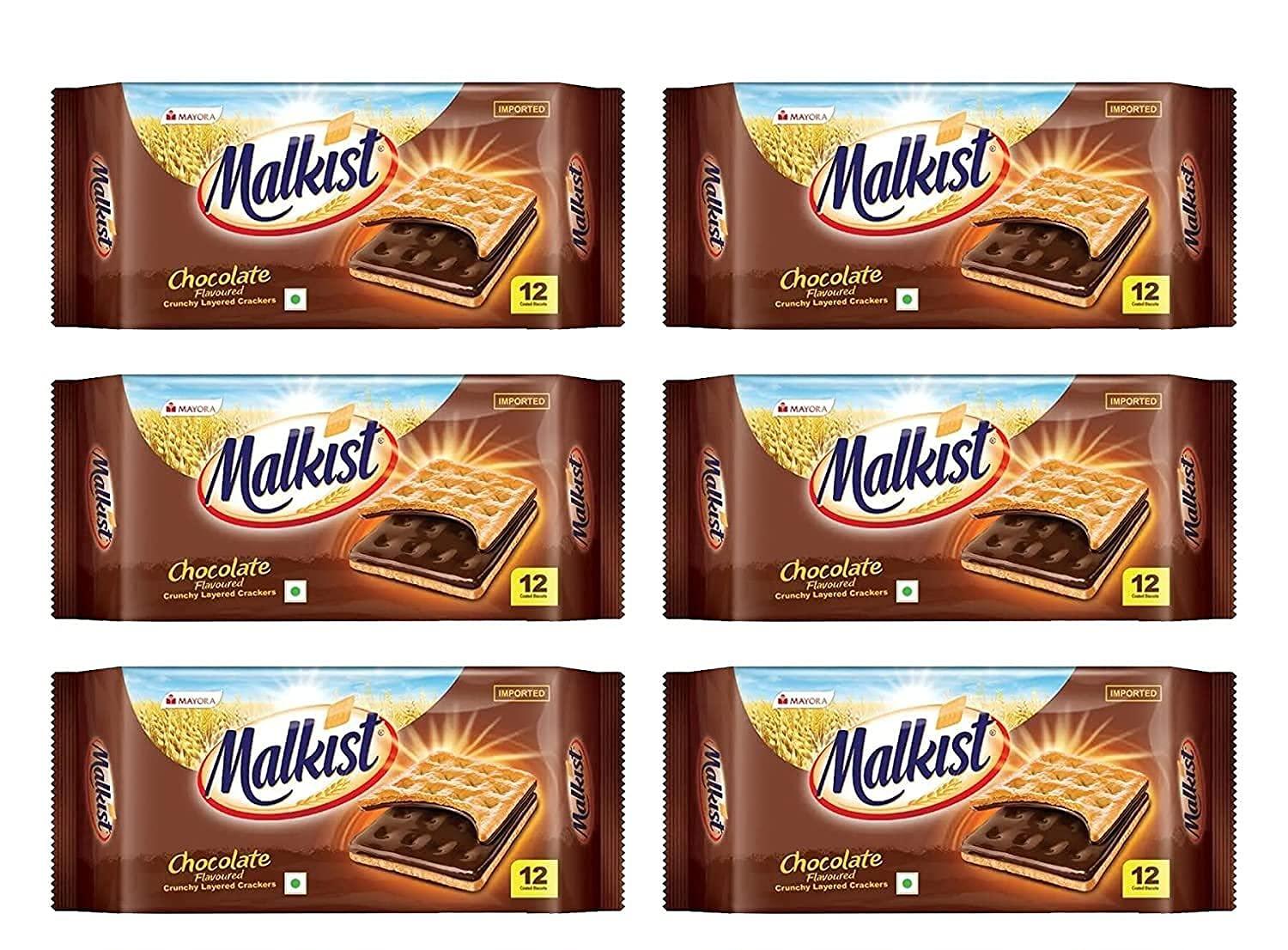 Malkist Malkist Chocolate Flavoured Crunchy Layered Crackers - Chocolate Coated Biscuit - 138gm (12 Piece Per Pack) (Pack of 6)