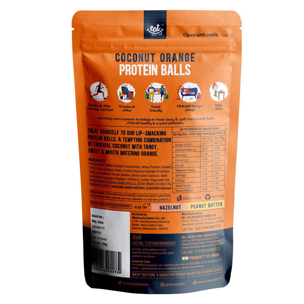 EAT Anytime Eat Anytime Mindful Healthy Coconut Orange Protein Balls | 30% Whey Protein | Rich in Protein & Fiber | Gluten Free Snacks, No Added Sugar | Healthy Chocolate Protein Snack - 100gm(Pack of 3)