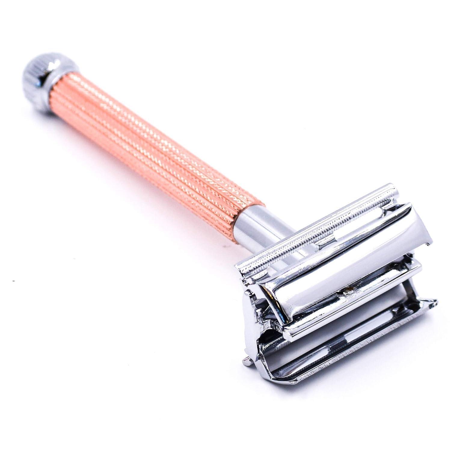 PARKER Safety Razor Parker 29L Long Handle Women's Double Edge Butterfly Open Double Edge Safety Razor (Rose Gold) with 5 Parker Premium Platinum Blades Textured Plated Brass Handle