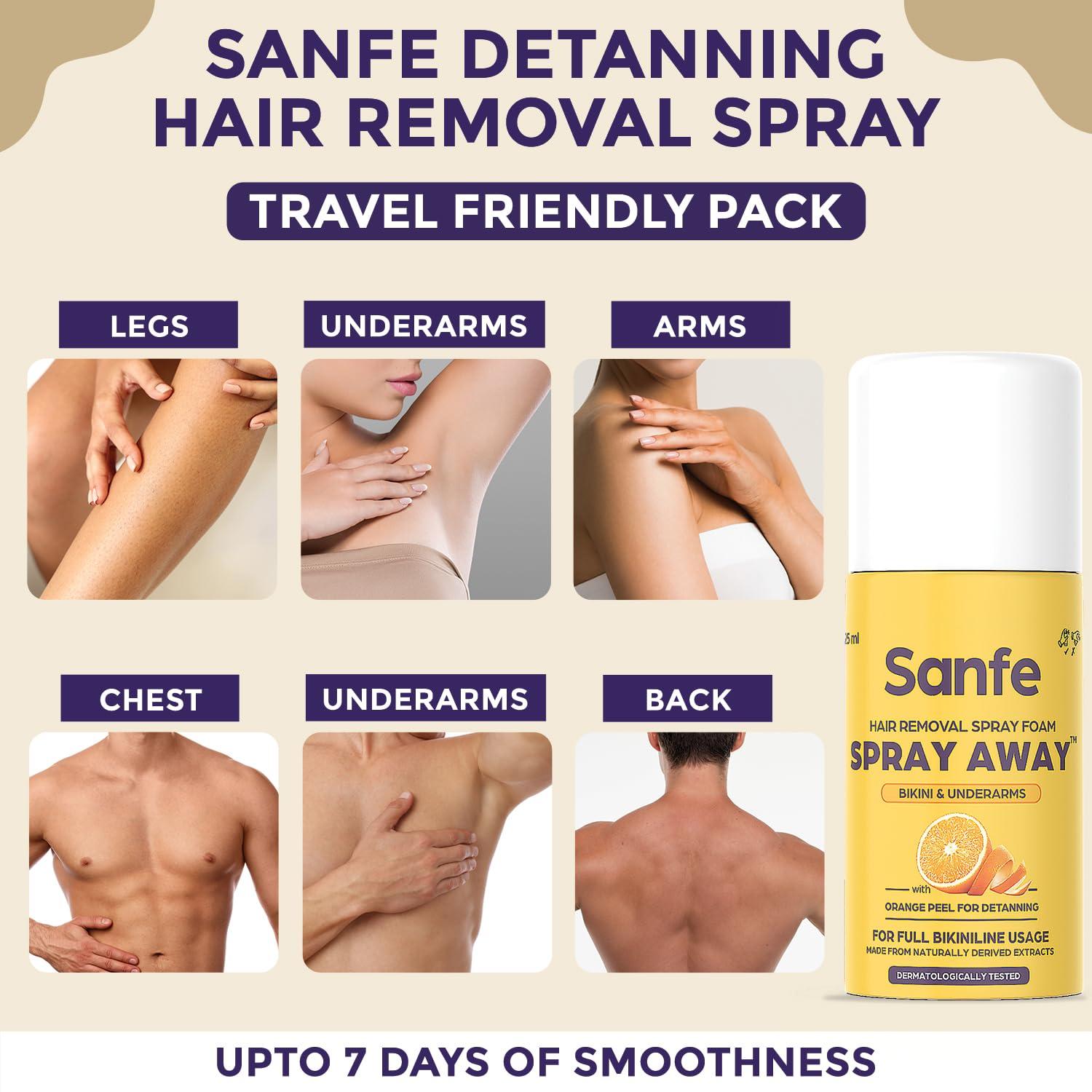 Sanfe Sanfe Painless & Detan Hair Removal Spray Cream - 25 ml | For Bikini, Chest, Legs, Arms & UnderArm | Removes Hair in 10 Minutes with Skin Detan | Orange Peel, Aloevera, Vitamin E & Niacinamide