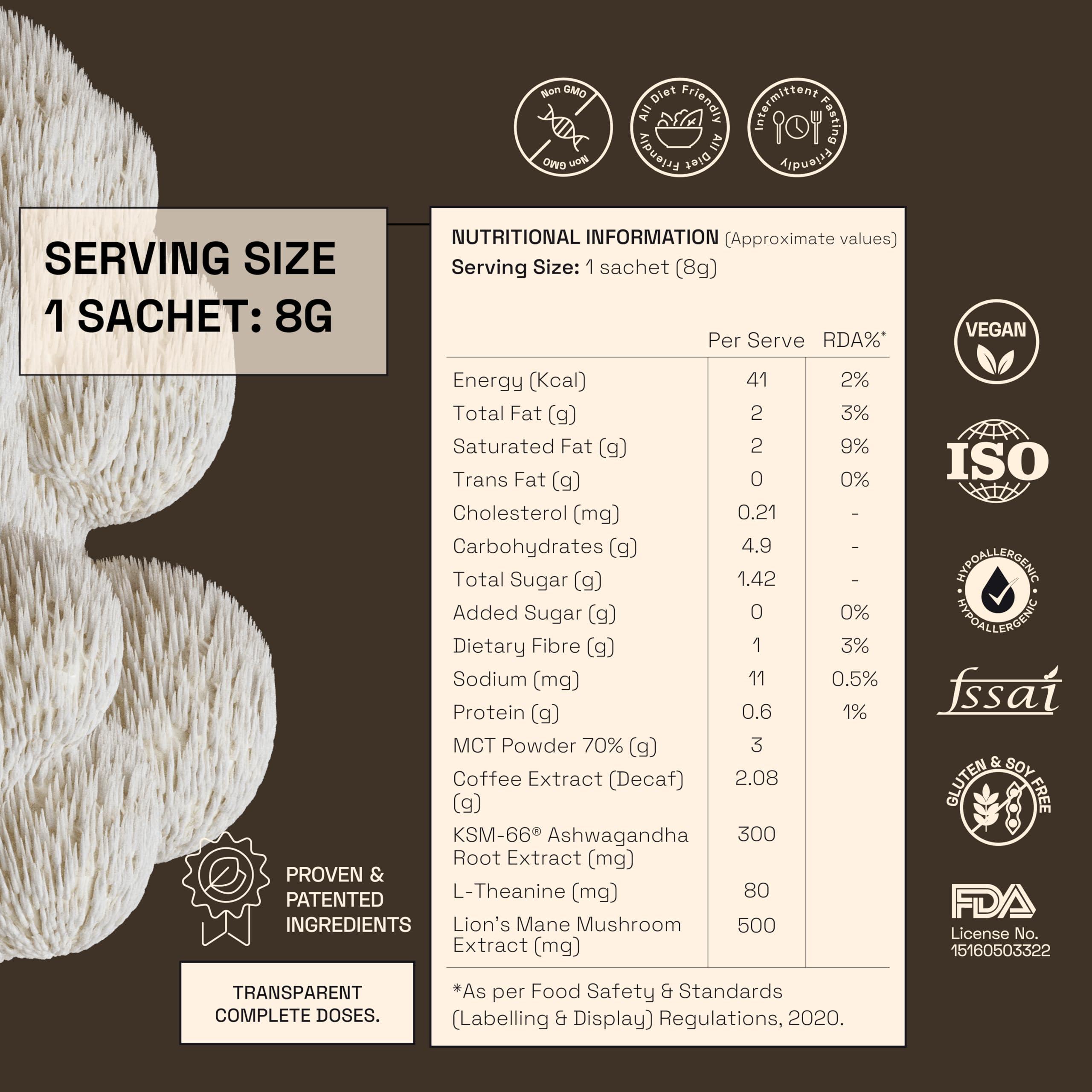 Ace Blend Ace Blend Lions Mane SHROOM COFFEE | 30 serves | Mushroom Coffee | KSM 66 Ashwagandha | L-Theanine | MCT | Focus | Memory | 100% Arabica | Instant Black Coffee | Keto | Cold/Hot Brew