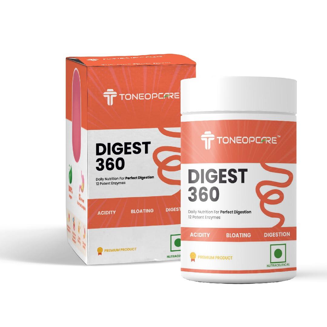 ToneOp Care ToneOp Care Digest 360 - Improves Digestion & Relief From Bloating | Helps in Reducing Acidity | With a Powerful Blend of 12 Enzymes | For Complete Digestive Care | 60 Tablets