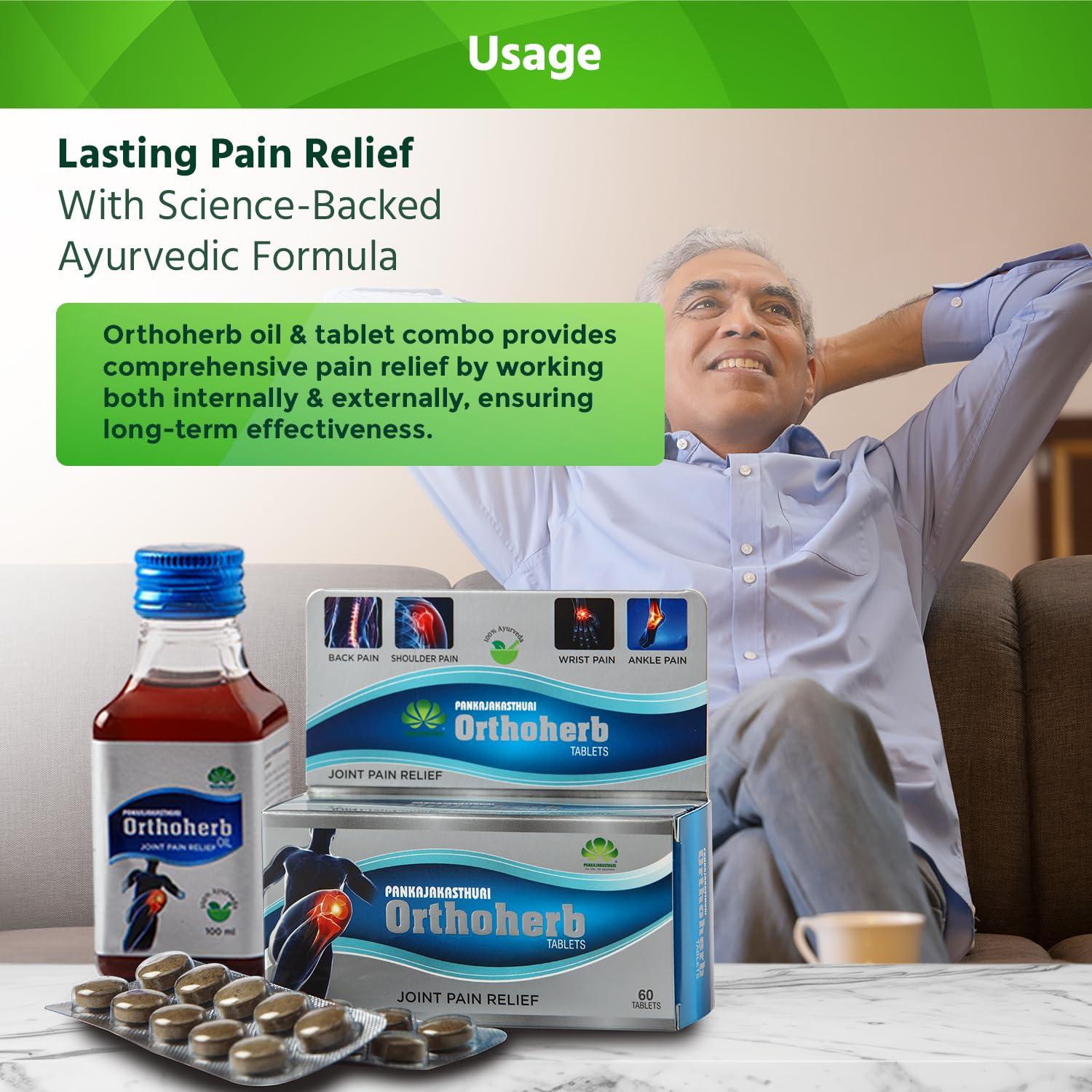 PANKAJAKASTHURI Pankajakasthuri Orthoherb Oil + Tablet Ayurvedic Pain Relief from Joint, Muscle, Back Pain, Sprains, Sports injuries reducing Inflammation and Sciatica - 100 ml + 60Tabs