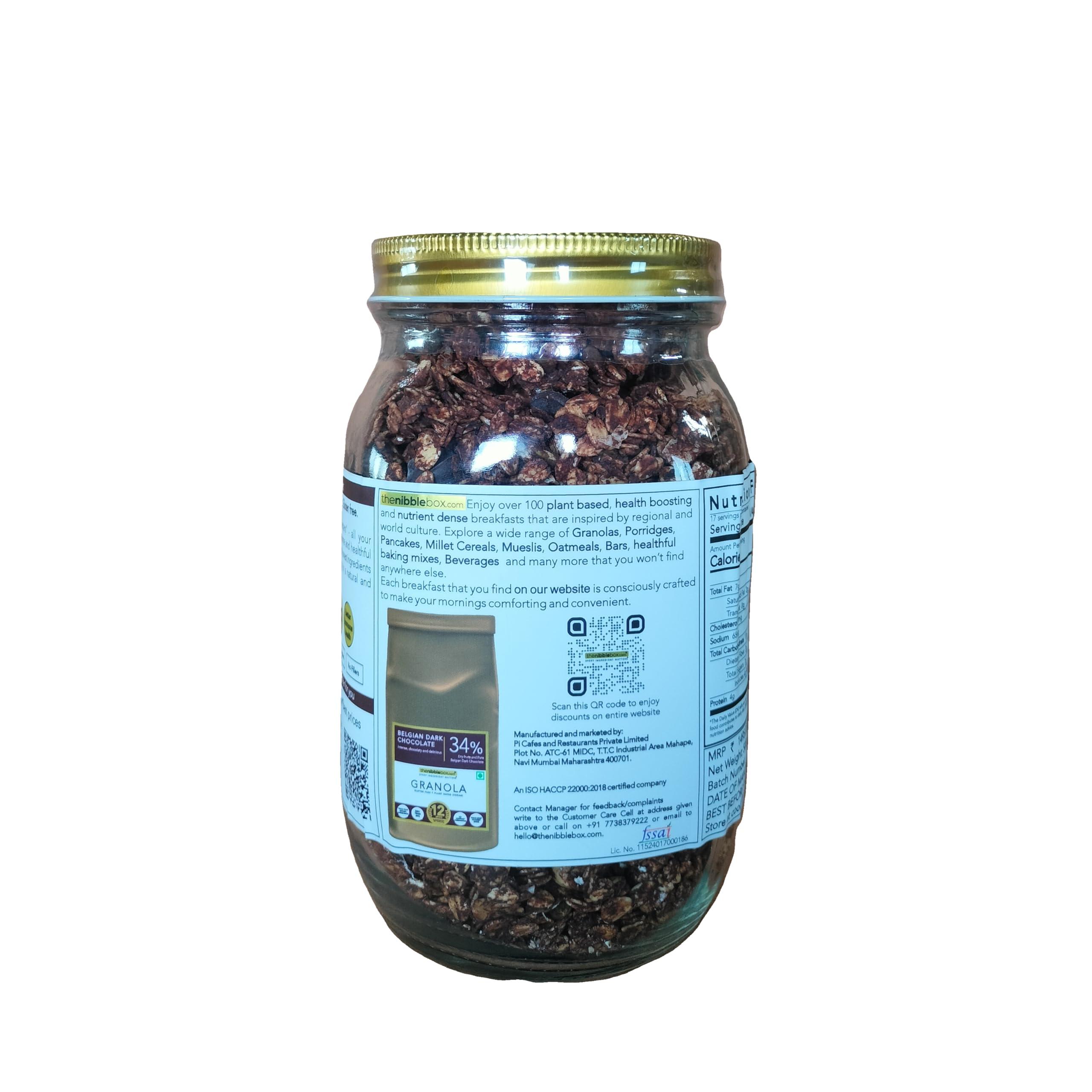 thenibblebox thenibblebox Belgian Dark Chocolate Granola 500g, Jar [34% dry fruits, Gluten free, Plant based/Vegan friendly, No preservatives/additives]