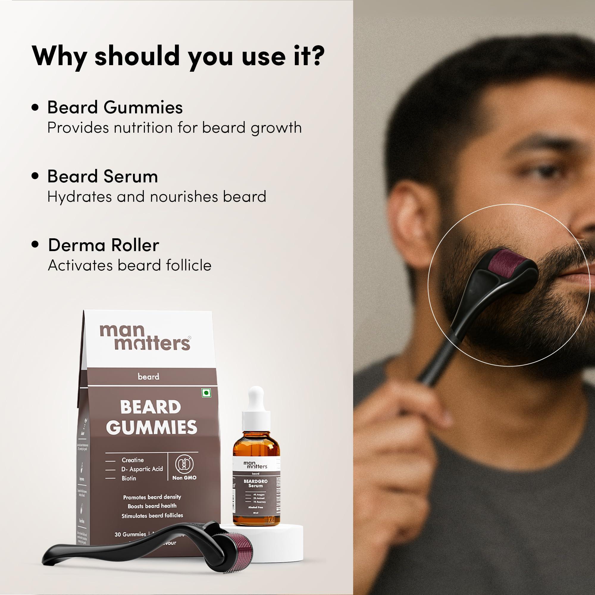 Man Matters Man Matters Ultimate Beard Growth Kit With Beard Serum, Beard Gummies & Advance Derma Roller | With 4% Anagain, 1% Rosemary, Biotin | For Beard Growth & Nourishment | SLS & Alcohol Free, 100% Vegan