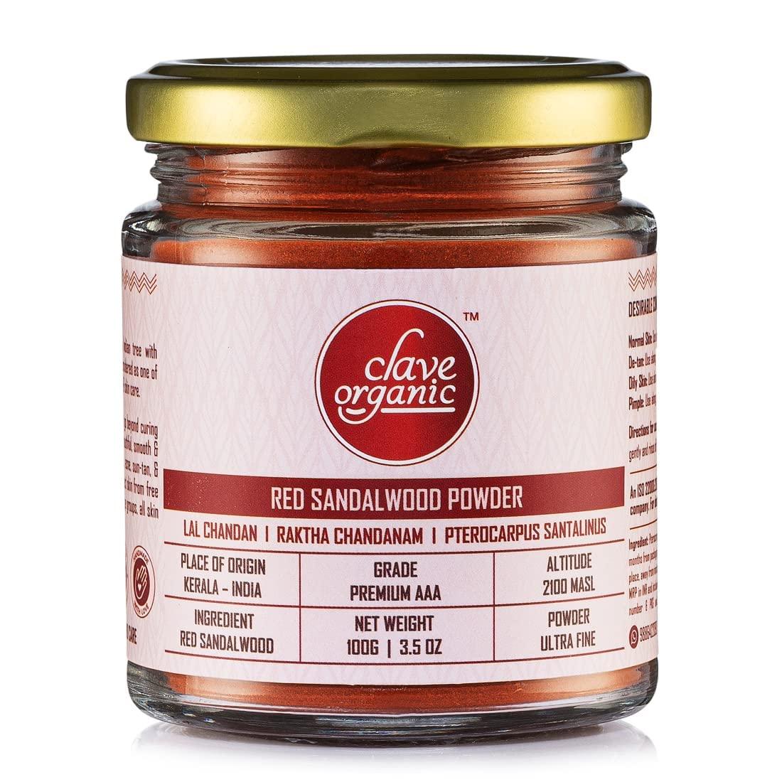 Clave Organic India Private Limited Clave Organic India Private Limited Vegan No Chemicals Red Sandalwood Powder for Soothing,Exfoliating (Raktha Chandan ) from Wayanad - Kerala in Eco-Friendly Glass Jar, 100 g