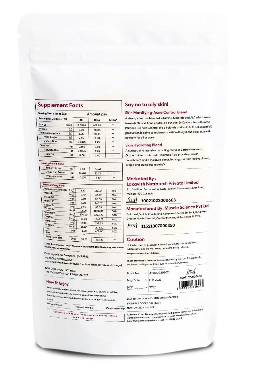 I AM LOVE I AM LOVE Acne Negative (-Ve) Supplement Powder - 60G|Reduce Excess Oil, Mild To Moderate Acne Pimples & Open Pores|Plant-Based Skin Supplement With B Complex Vitamins, Zinc, Chromium