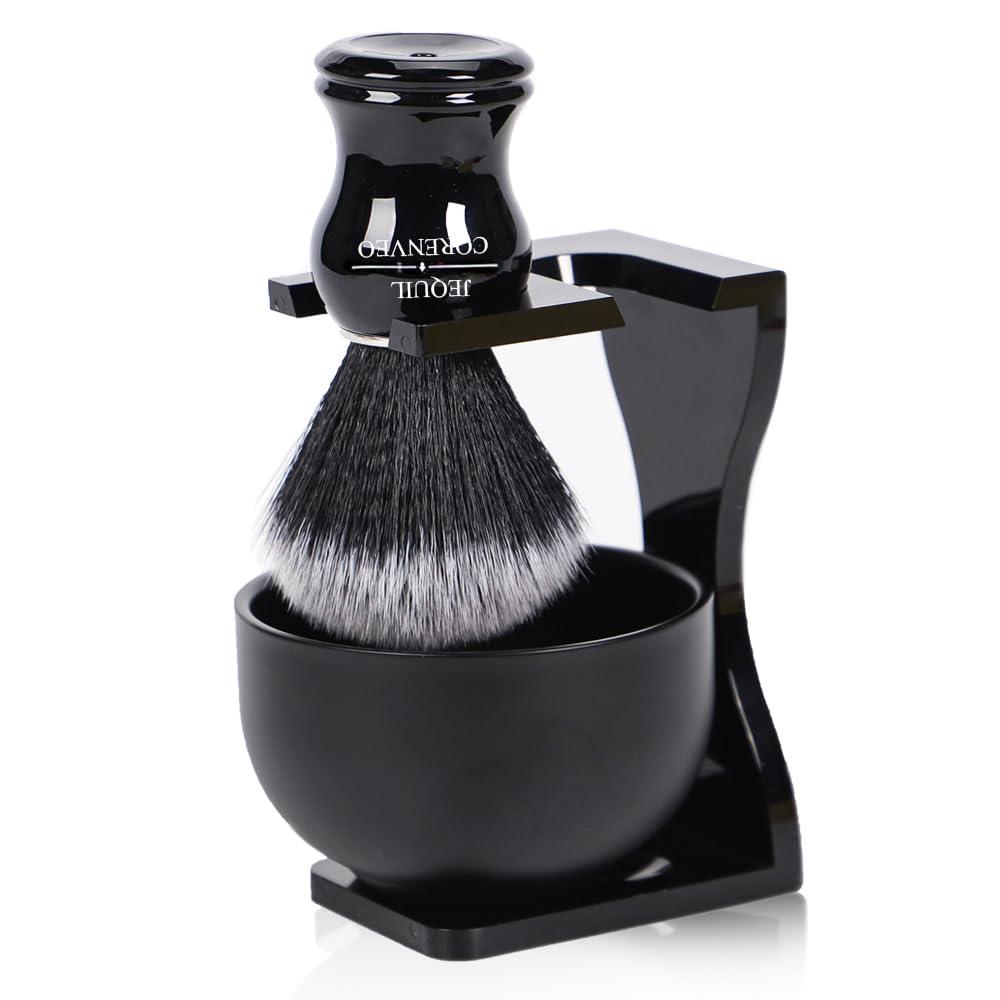 JEQUIL&CORENVEO Je&Co Men\'s Shaving Brush Set, 3 in 1 Synthetic Shaving Brush with Acrylic Stand and Steel Bowl