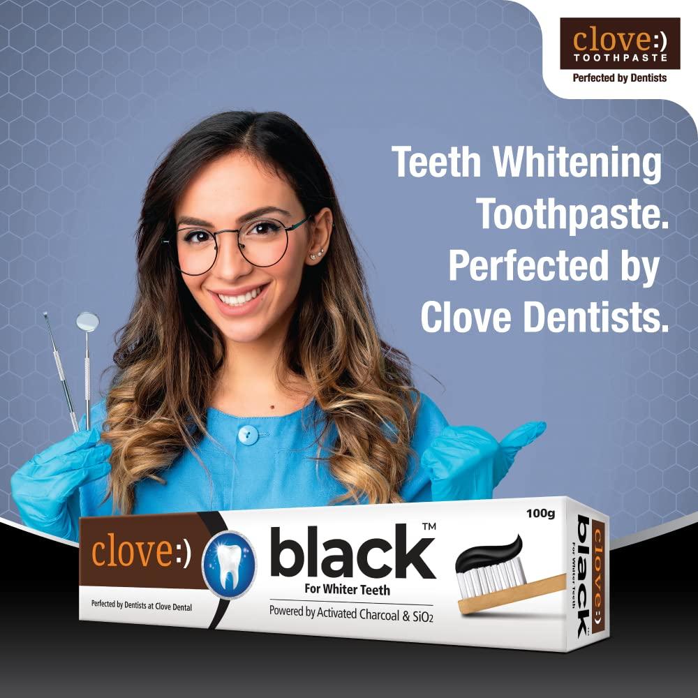 Clove Clove Black Toothpaste for Whiter Teeth powered by Activated Charcoal & SiO2. Formulated by dental experts- 200gms (100gm*2) Combo Pack