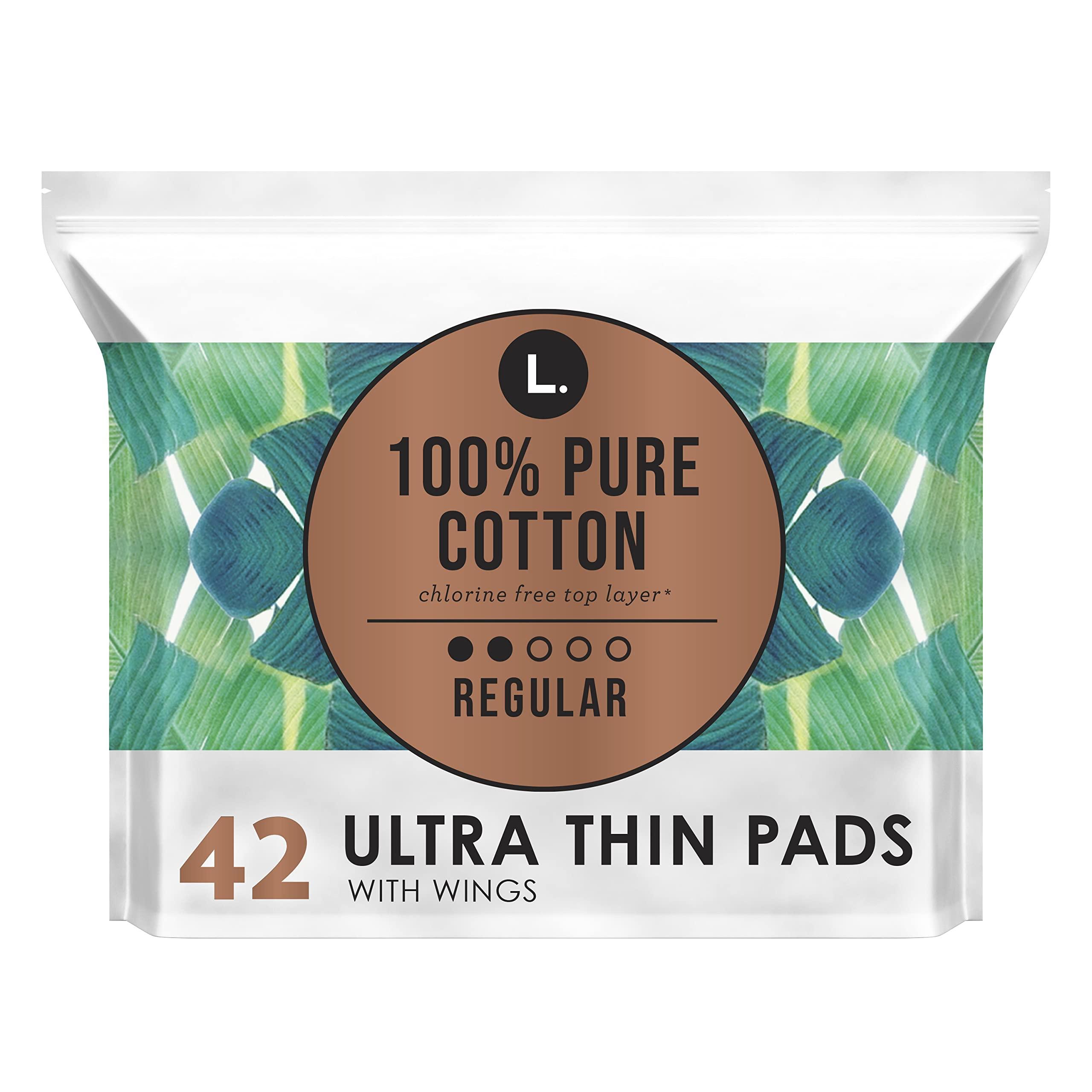 L. L. Ultra Thin Unscented Pads With Wings, Regular Absorbency, 42 Ct, 100% Pure Cotton Chlorine Free Top Layer,Pack of 42