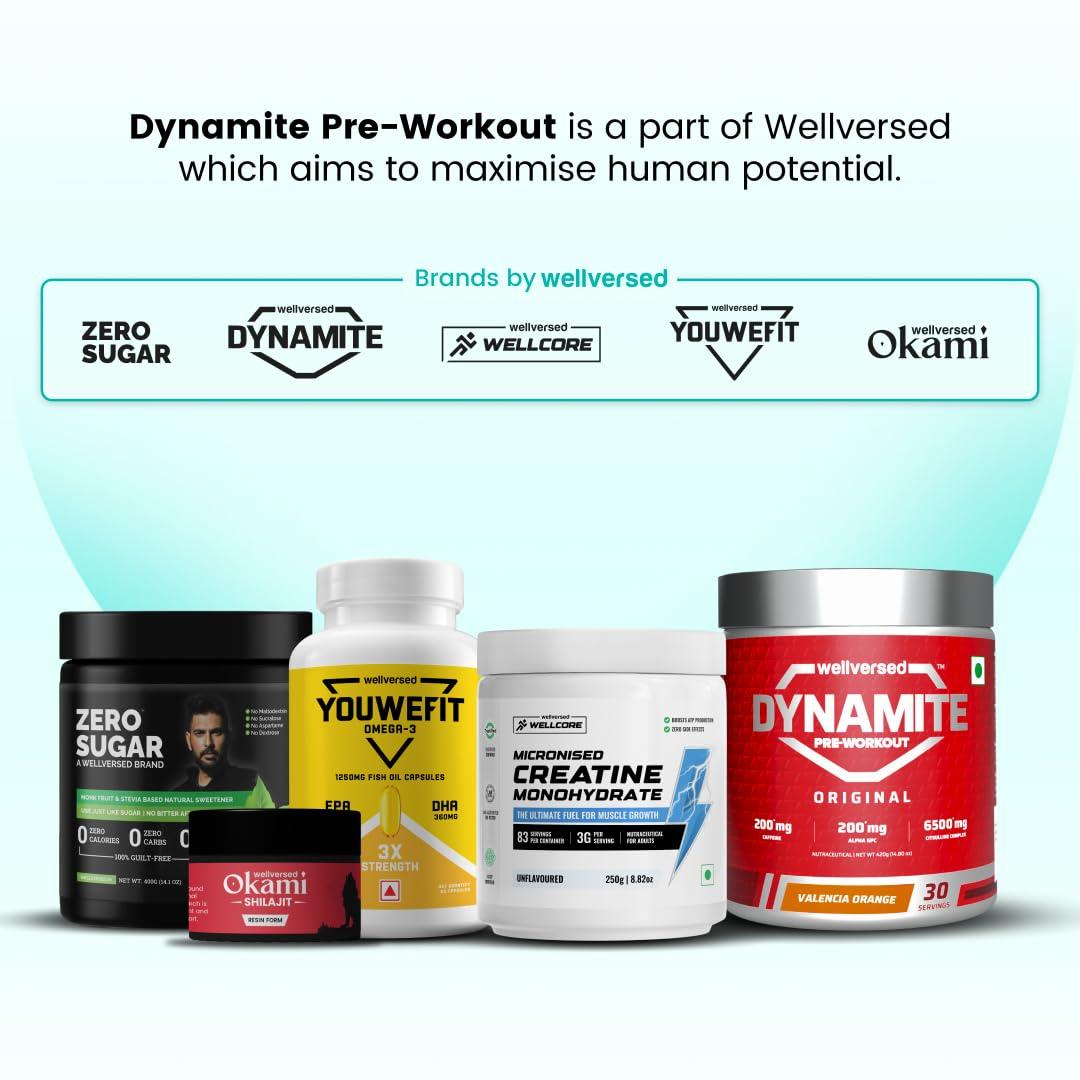 Wellversed Dynamite Dynamite Pre-Workout (210g, 15 Servings) | Valencia Orange | Pre-Workout For Men & Women With 200mg Alpha GPC | 200mg Caffeine | 6500mg Citrulline Complex | 1000mg Creatine
